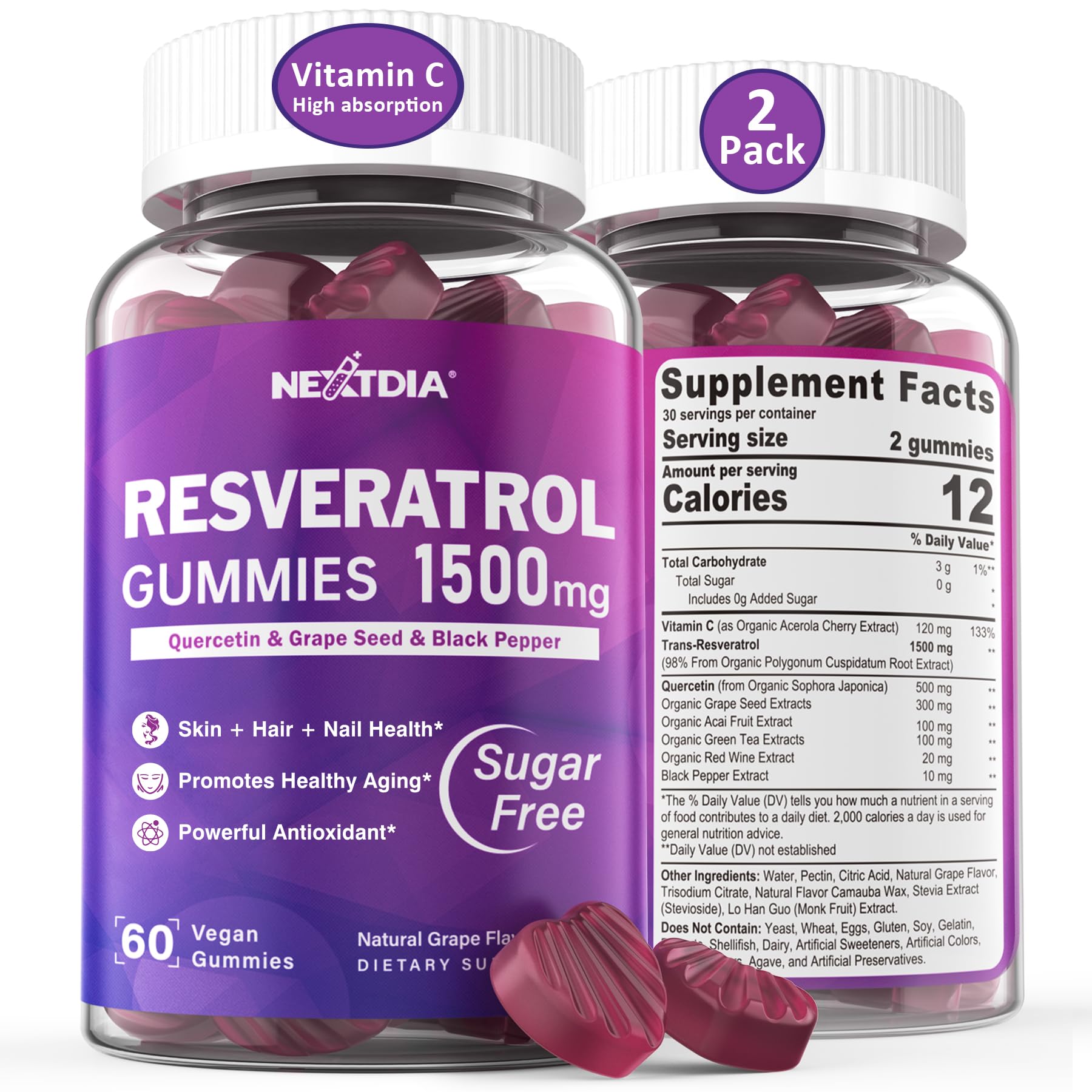 Nextdia Resveratrol bottle highlighting high-purity antioxidant support