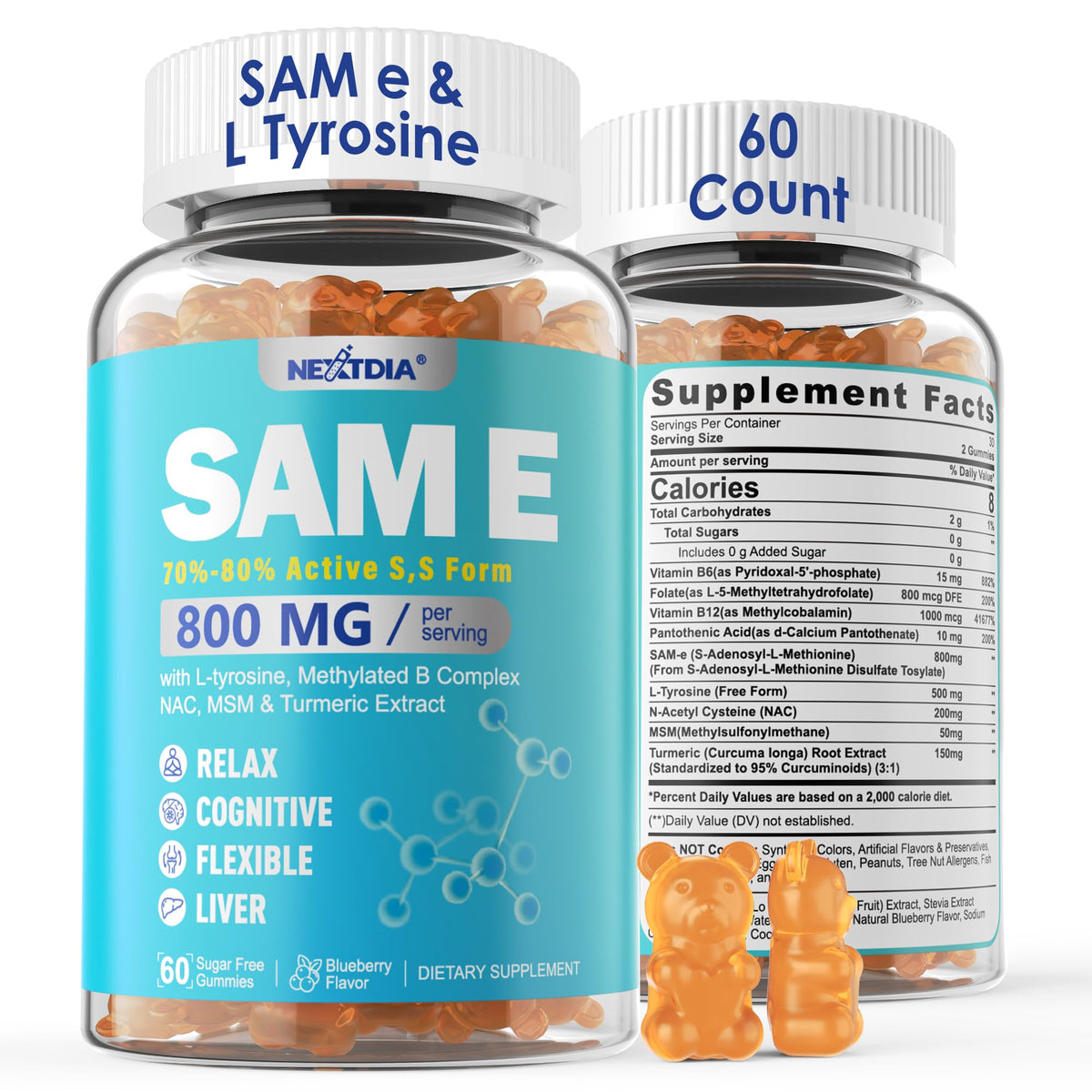 Nextdia SAM-e Tyrosine Gummies bottle highlights sugar-free mood support and clarity.