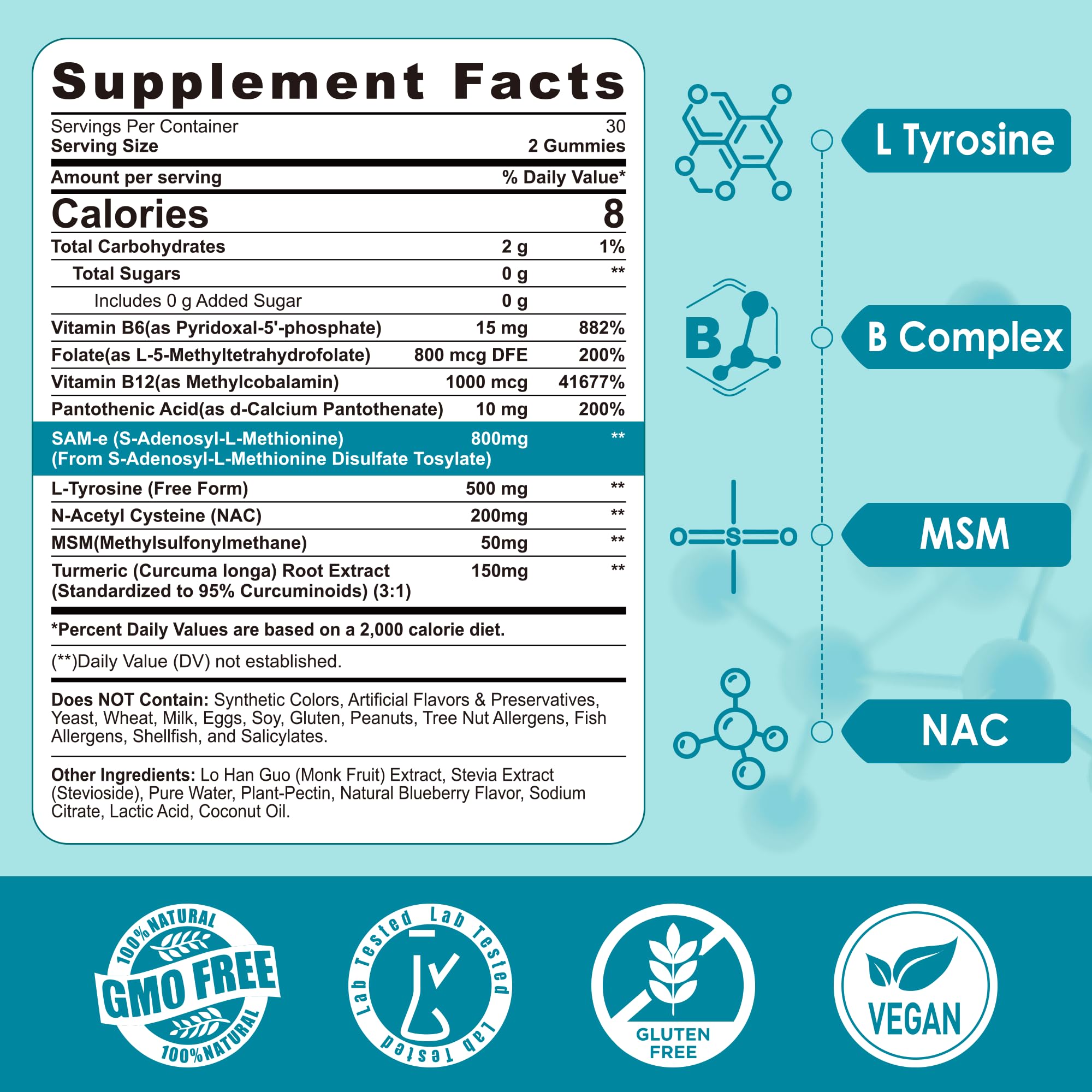 Close-up label emphasizes 800 mg SAM-e formulation for cognitive balance.