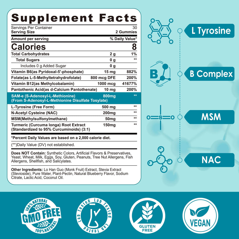 Close-up label emphasizes 800 mg SAM-e formulation for cognitive balance.
