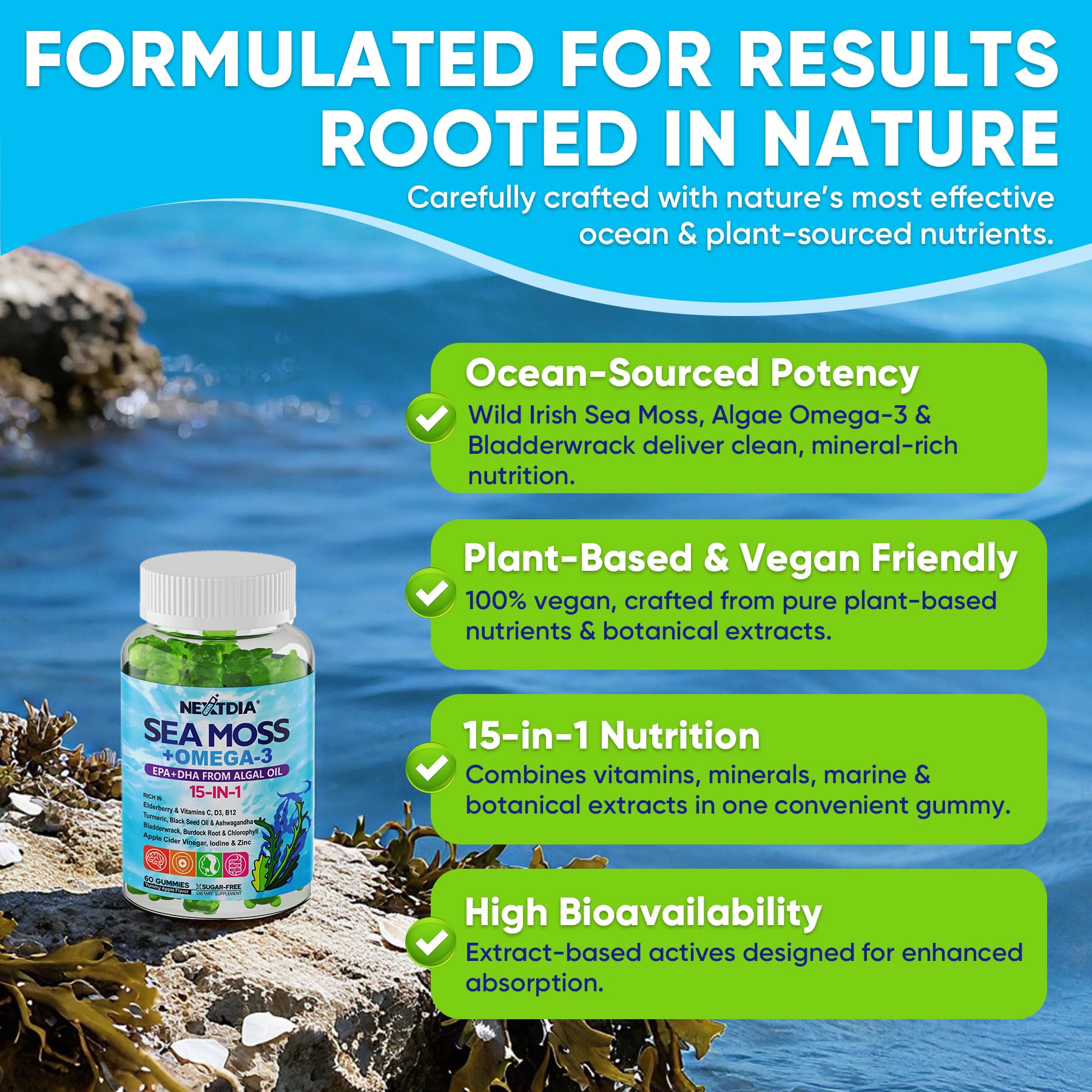Nextdia Sea Moss Gummies bottle pour demonstrates convenient daily dosing.