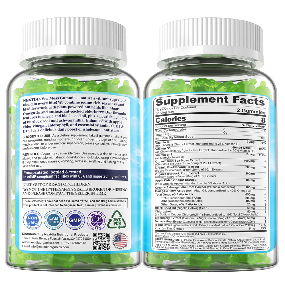 Nextdia Sea Moss Gummies packaging design reflects premium wellness branding.