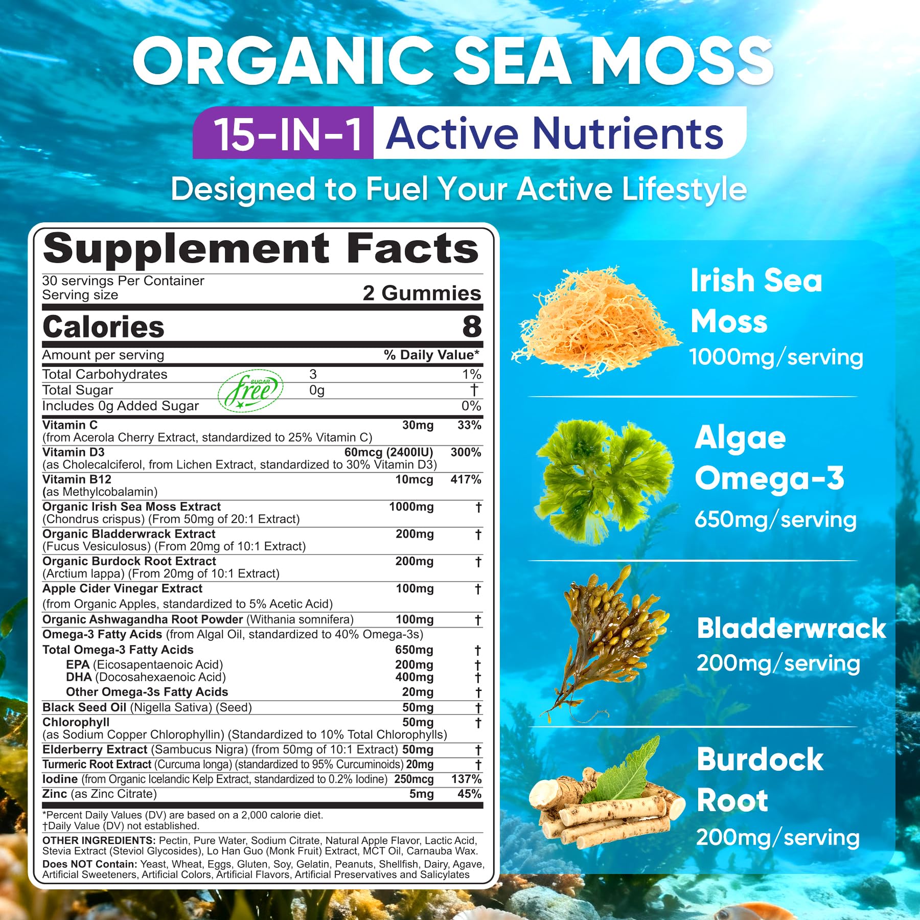 Nextdia Sea Moss Gummies packshot highlights sugar-free, low-calorie snacking options.