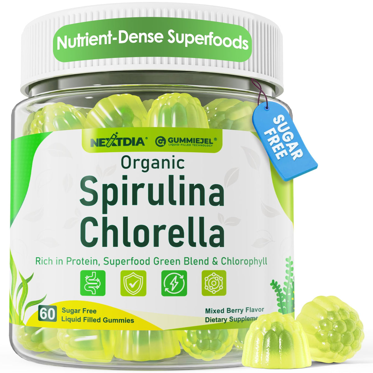 Nextdia Spirulina Chlorella Gummies bottle front for daily energy and wellness.