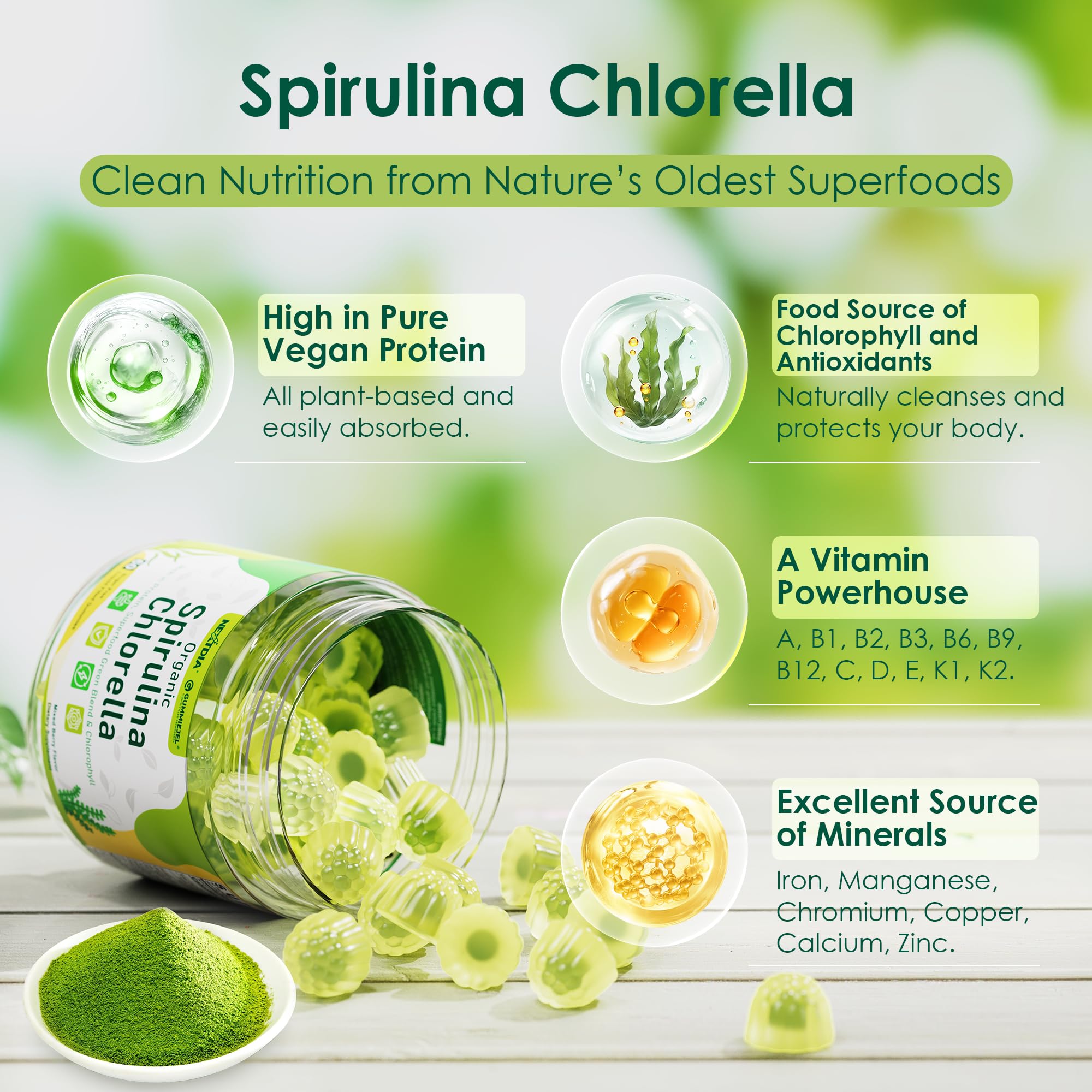 Nextdia Spirulina Chlorella Gummies jar closeup showing juicy texture.