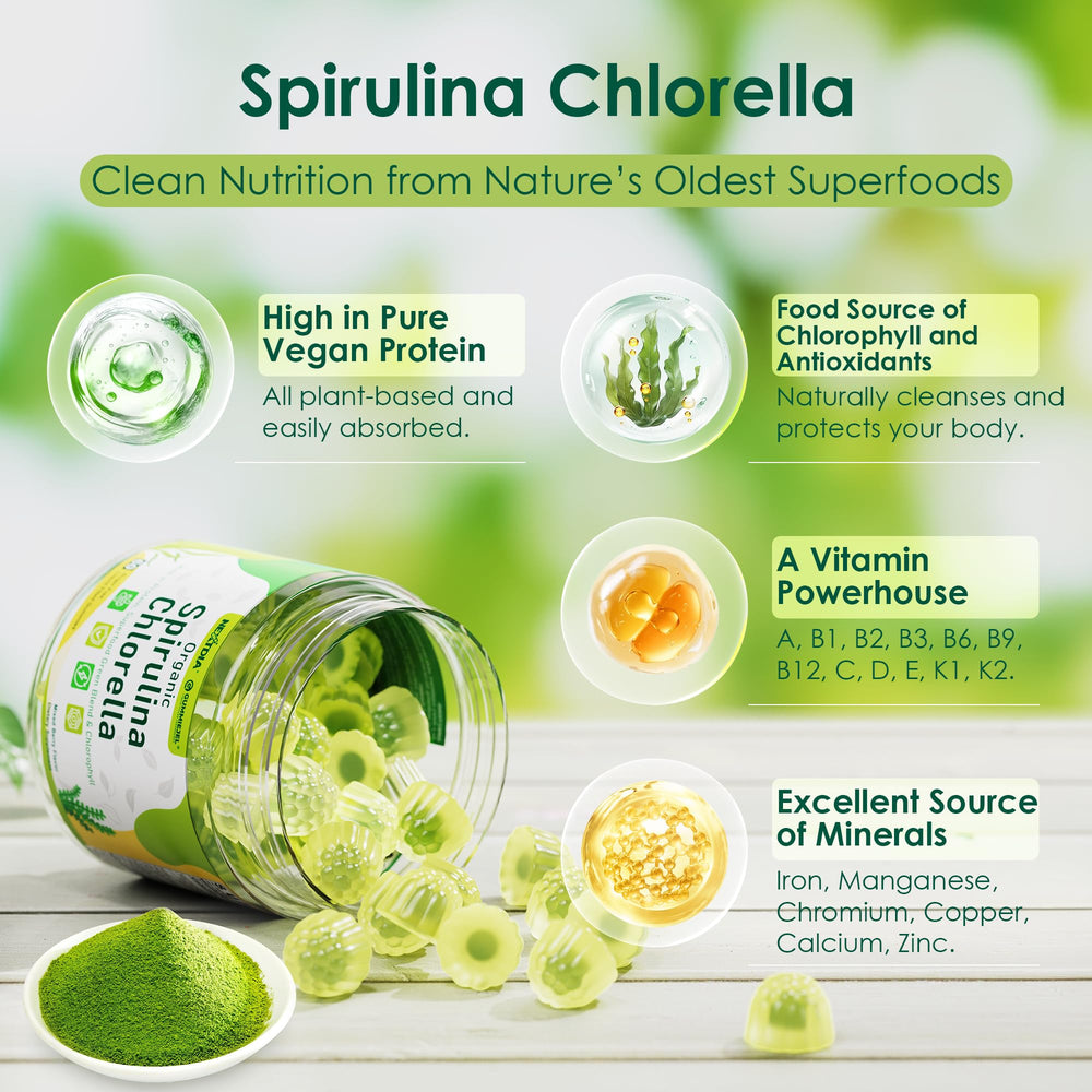 Nextdia Spirulina Chlorella Gummies jar closeup showing juicy texture.