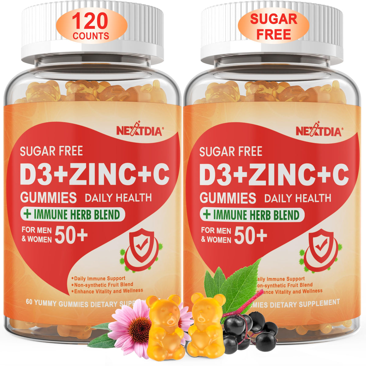 Nextdia sugar-free gummies bottle for daily immune support in adults.