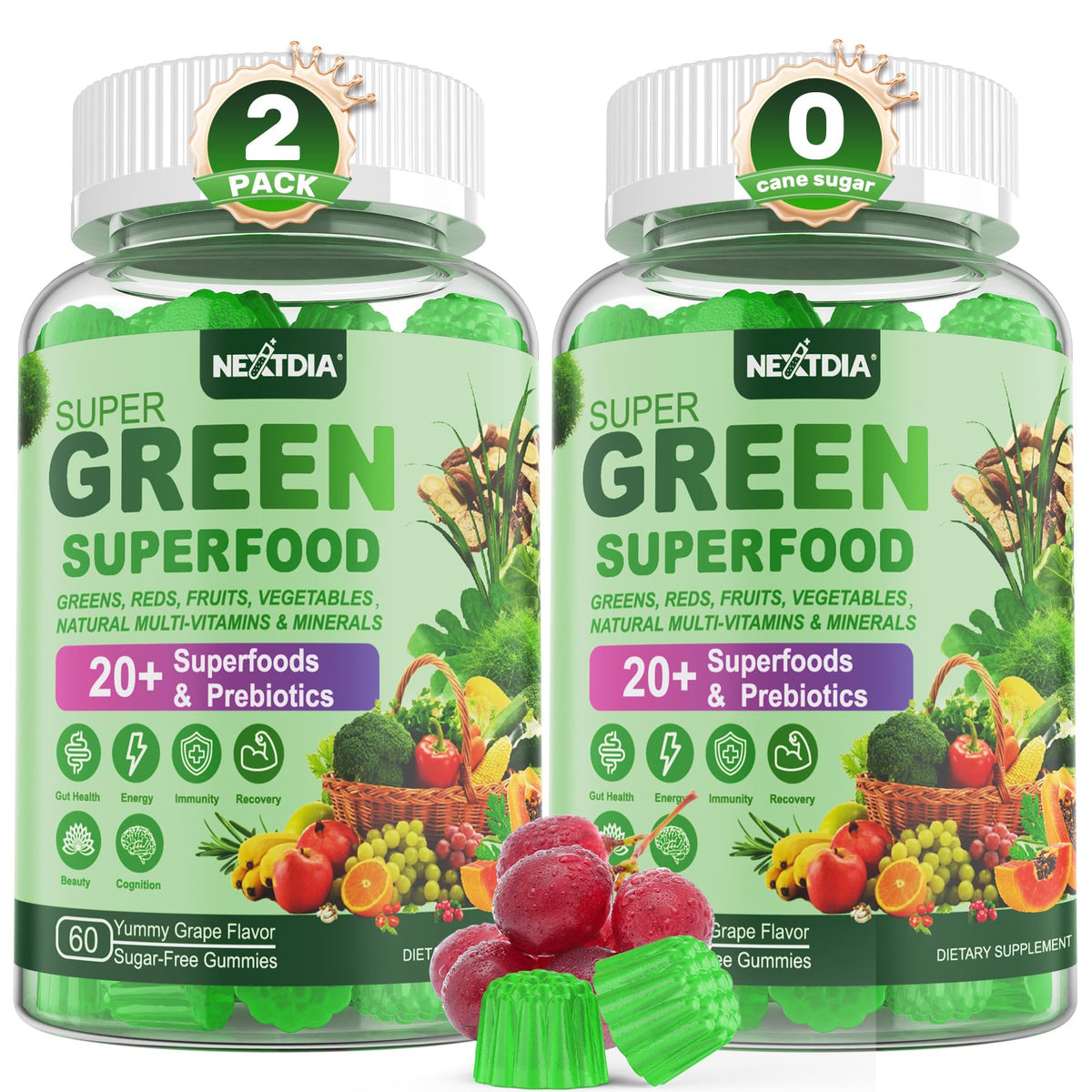 Nextdia Super Greens gummies bottle front, convenient daily nutritional support.