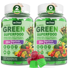 Nextdia Super Greens gummies bottle front, convenient daily nutritional support.