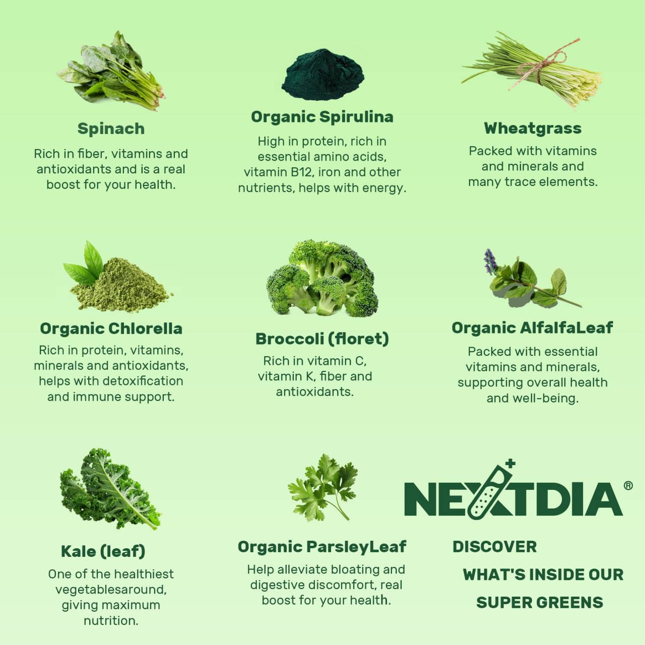 Nextdia Super Greens fiber and probiotic concept, gut-friendly pairing.