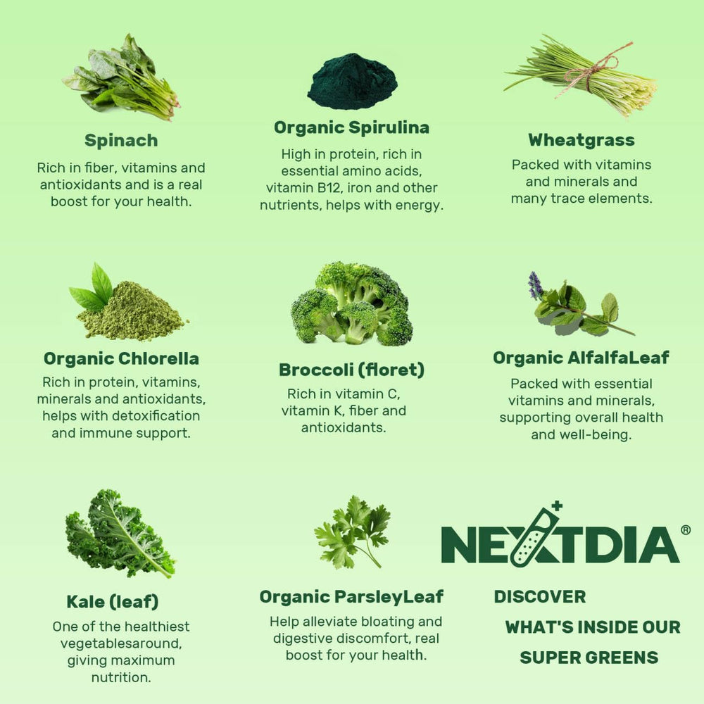 Nextdia Super Greens fiber and probiotic concept, gut-friendly pairing.