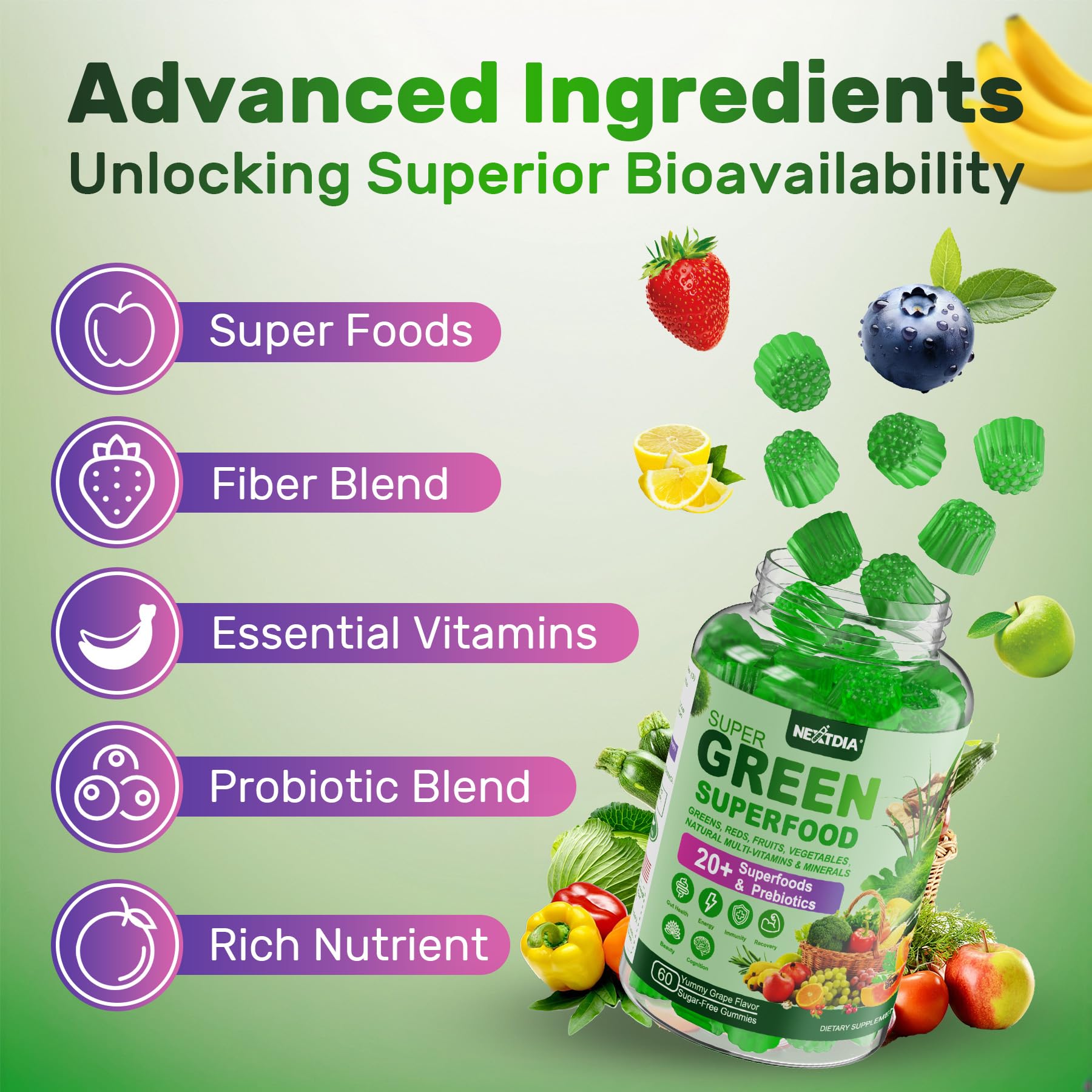 Nextdia Super Greens travel pack, easy daily supplement on the go.