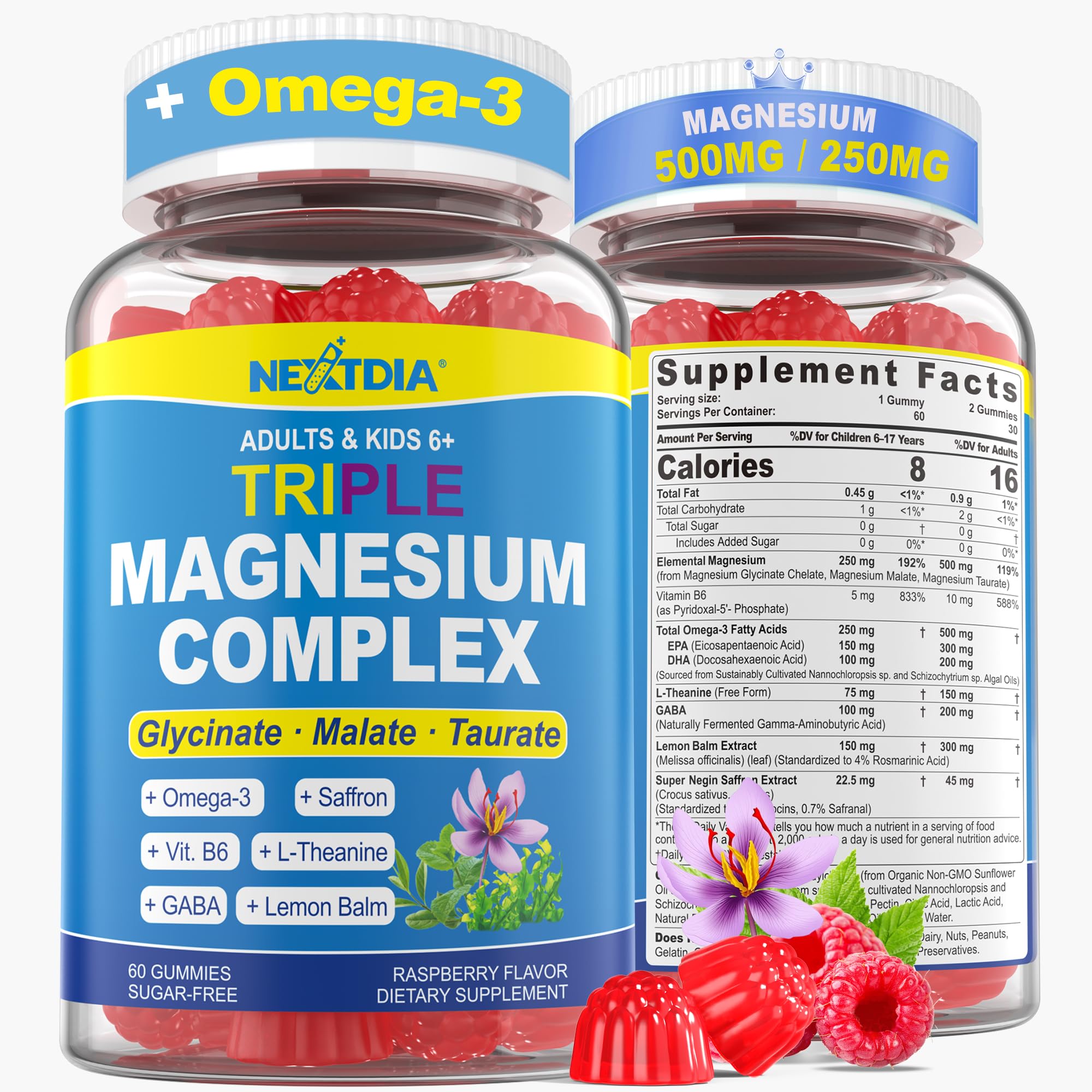 Nextdia Triple Magnesium Complex Gummies bottle with raspberry flavor suggesting calm and focus