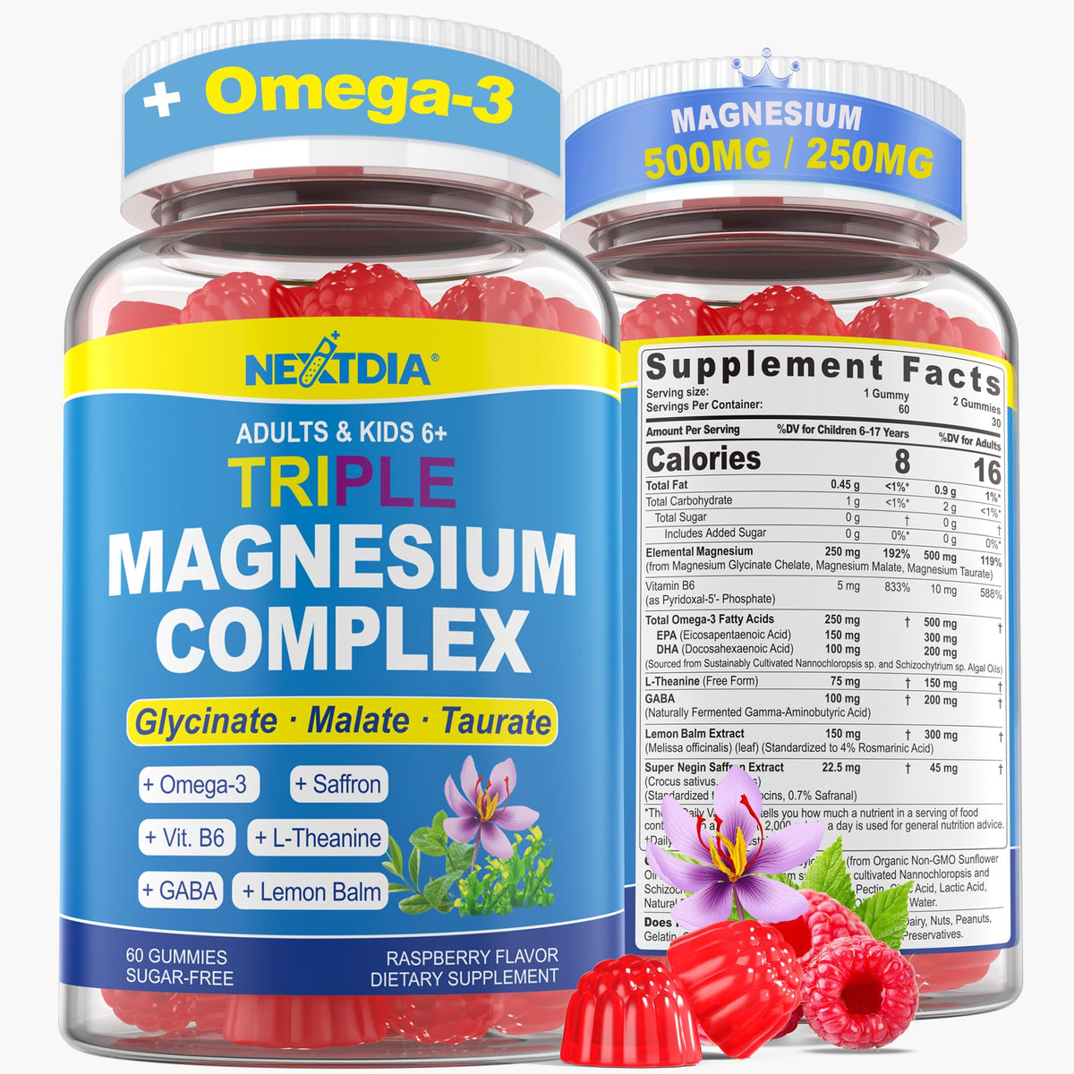 Nextdia Triple Magnesium Complex Gummies bottle with raspberry flavor suggesting calm and focus