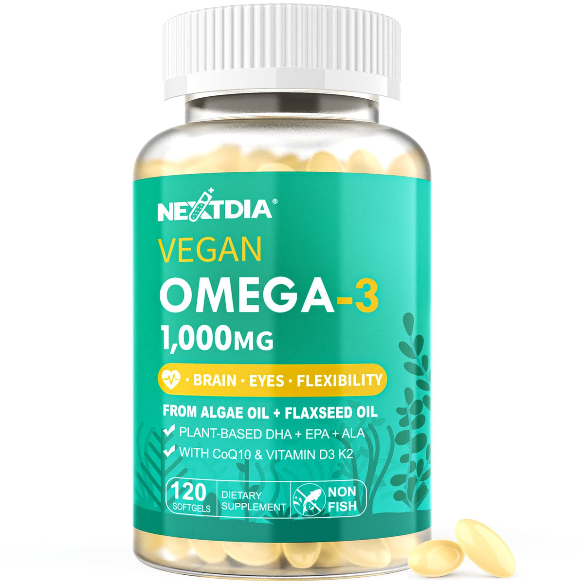 Nextdia vegan omega-3 1000mg bottle closeup with algae DHA and EPA for daily wellness
