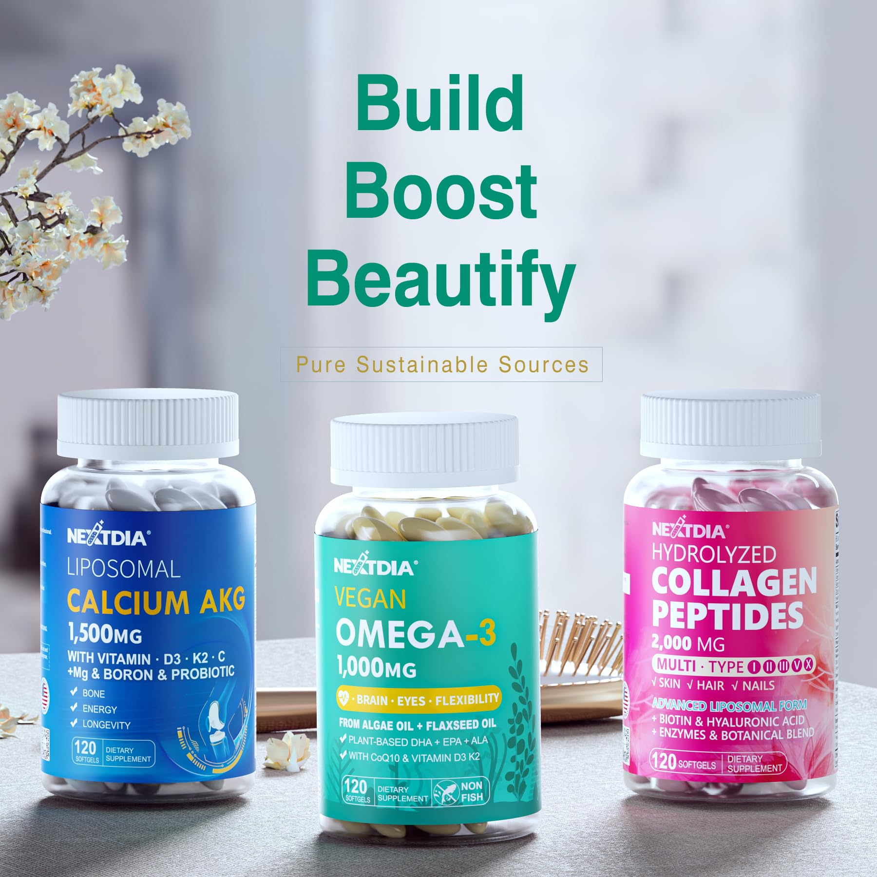 Nextdia easy-to-swallow time-release softgels on a clean bottle setup