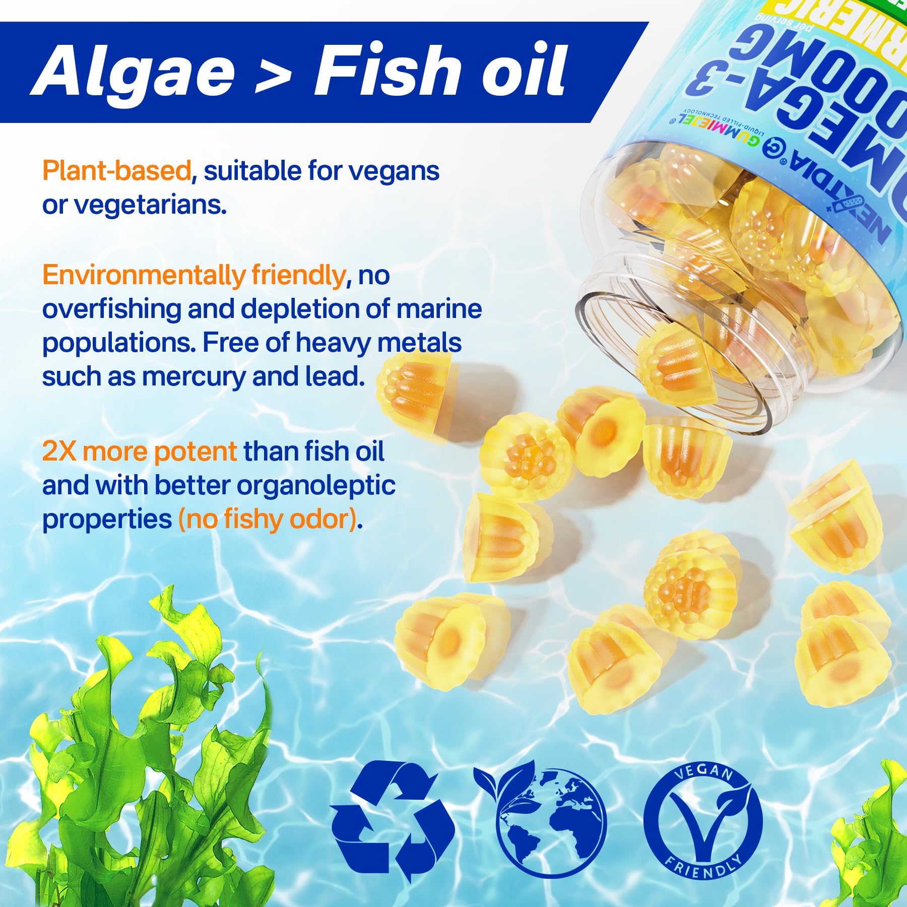 Nextdia Vegan Omega-3 Gummies mango flavor close-up inviting consistent daily consumption.
