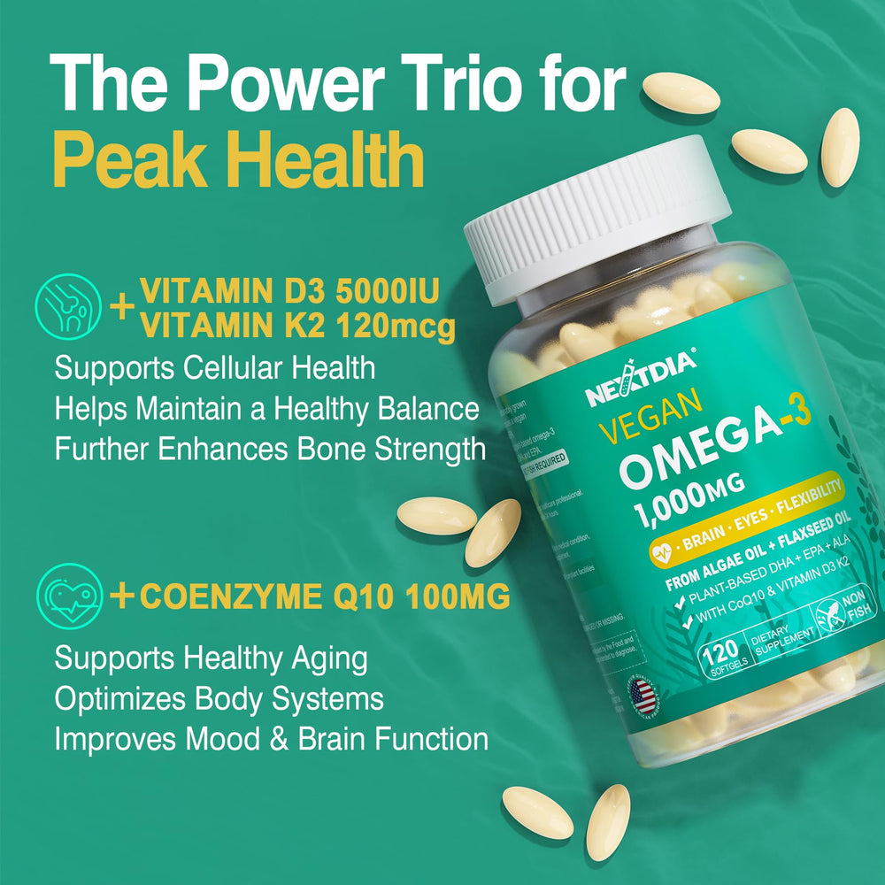 Nextdia omega-3 bottle shows 120 mini softgels and two-month supply