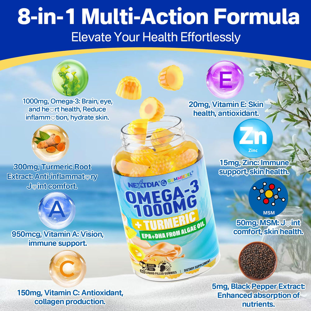 Nextdia omega-3 gummies nutrition panel highlights vitamins A, C, E and zinc
