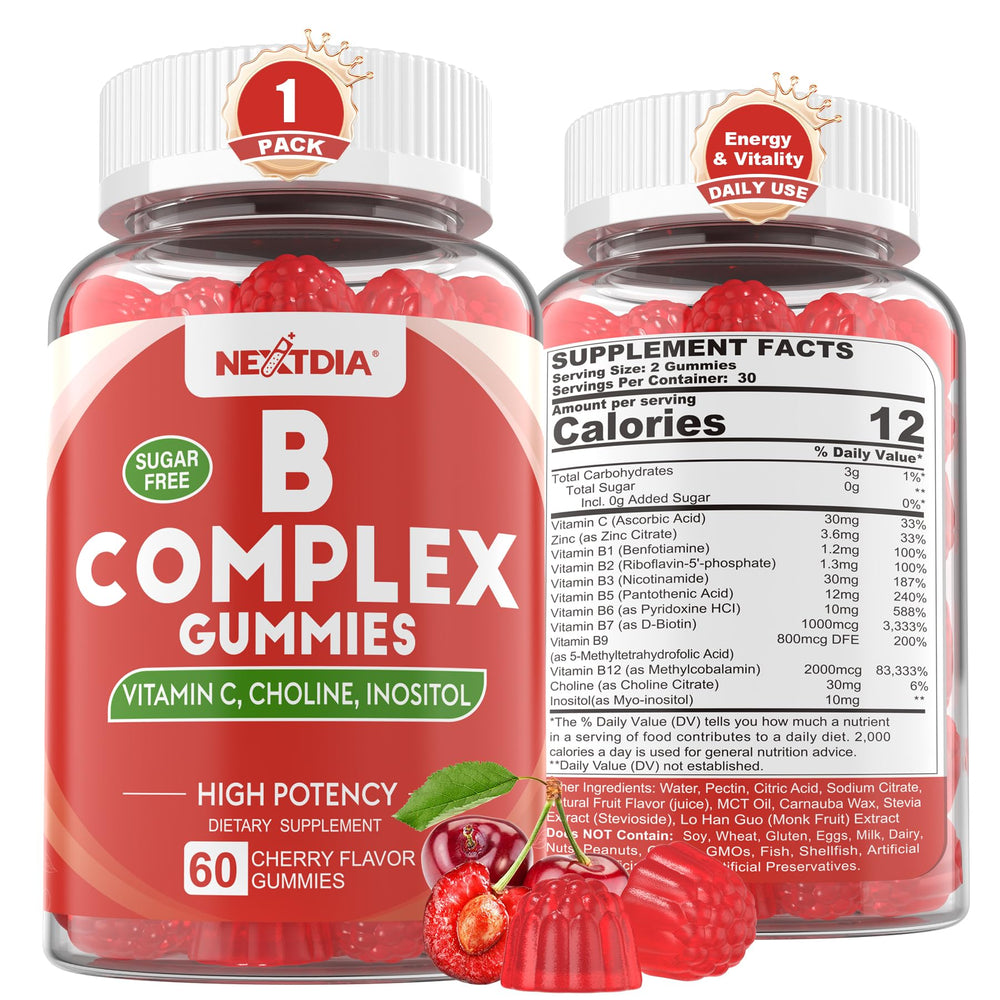 Nextdia Vitamin B Complex Gummies jar on shelf suggesting daily energy and mood support.