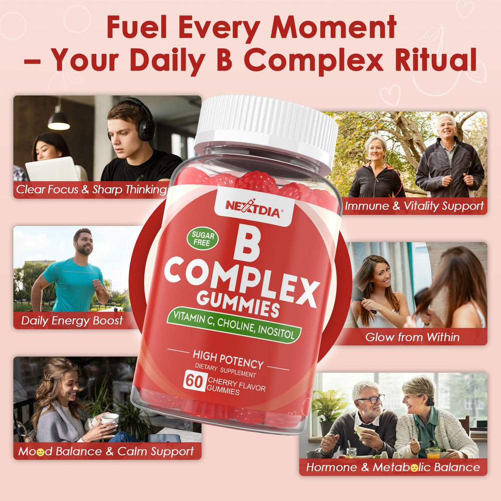 Nextdia Vitamin B Complex Gummies in a bright kitchen setting for on-the-go use.