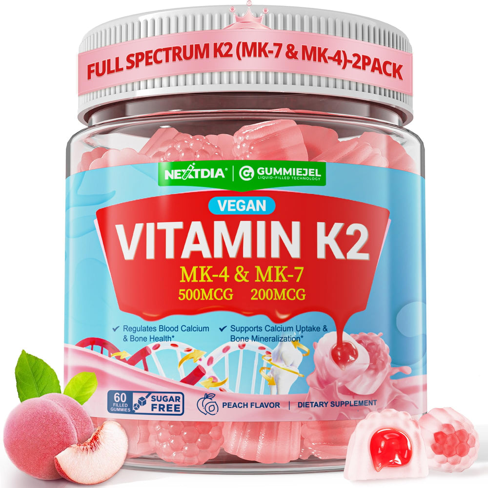 Nextdia Vitamin K2 Gummies full-spectrum bottle showing MK-7 and MK-4 blend for bone support.