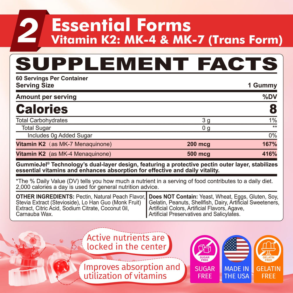 Close-up of Nextdia K2 Gummies MK7 and MK4 core highlighting bioavailability.