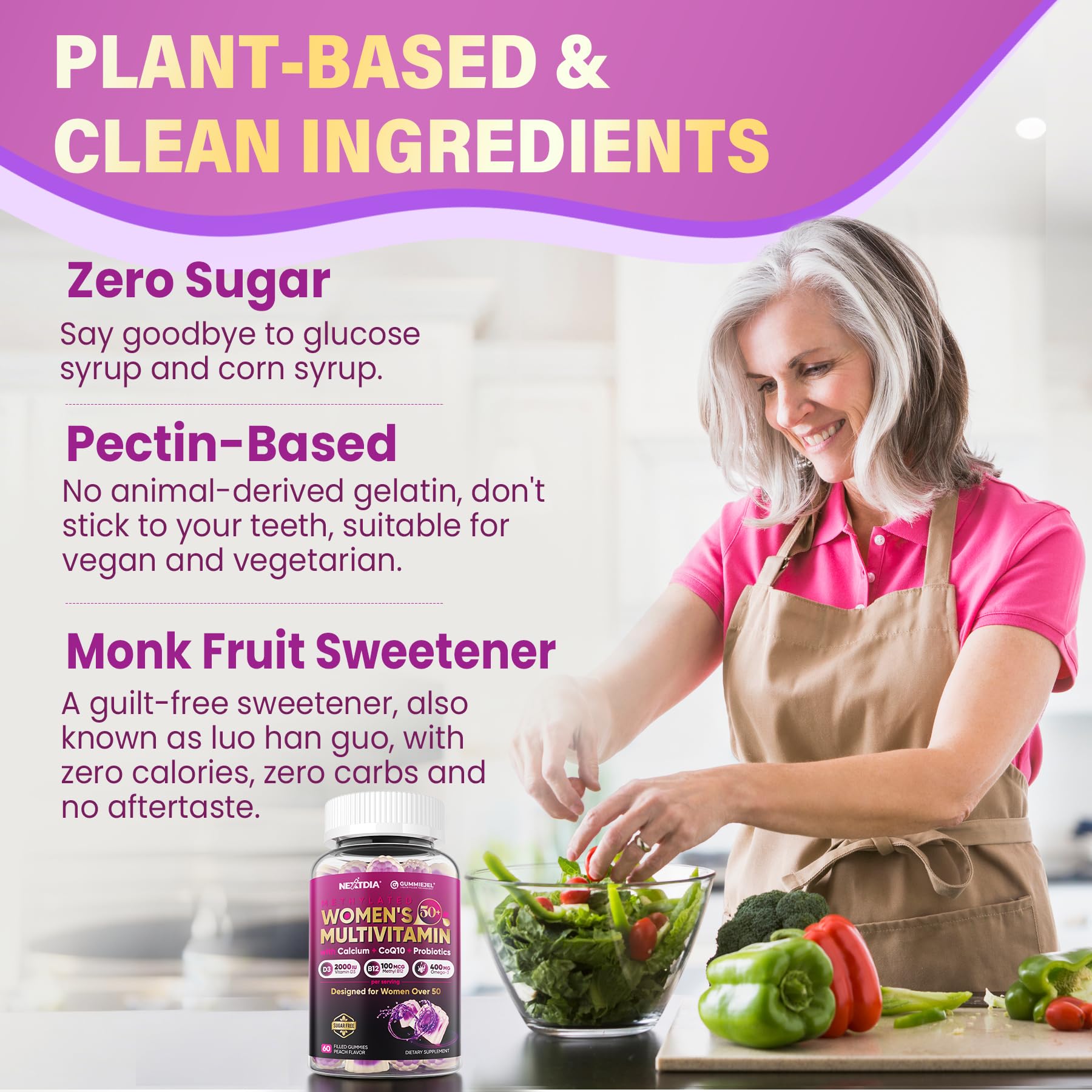 Nextdia sugar-free gummies label demonstrates monk fruit and allulose sweeteners