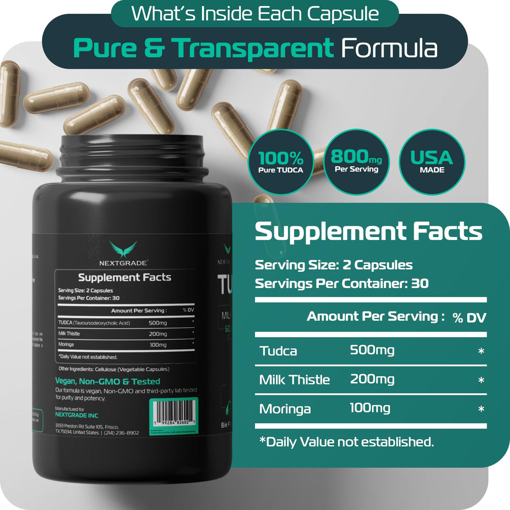 NEXTGRADE Tudca bottle label highlights premium ingredients for bile balance.
