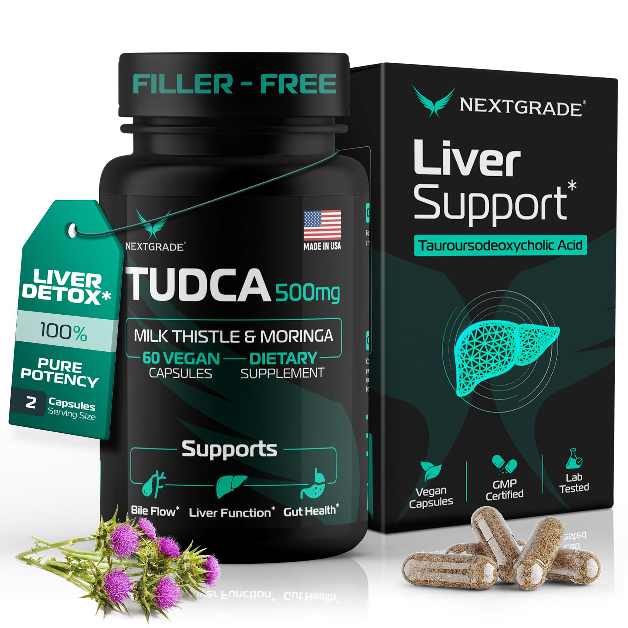 NEXTGRADE Tudca 500mg bottle pour illustrates easy daily liver support.