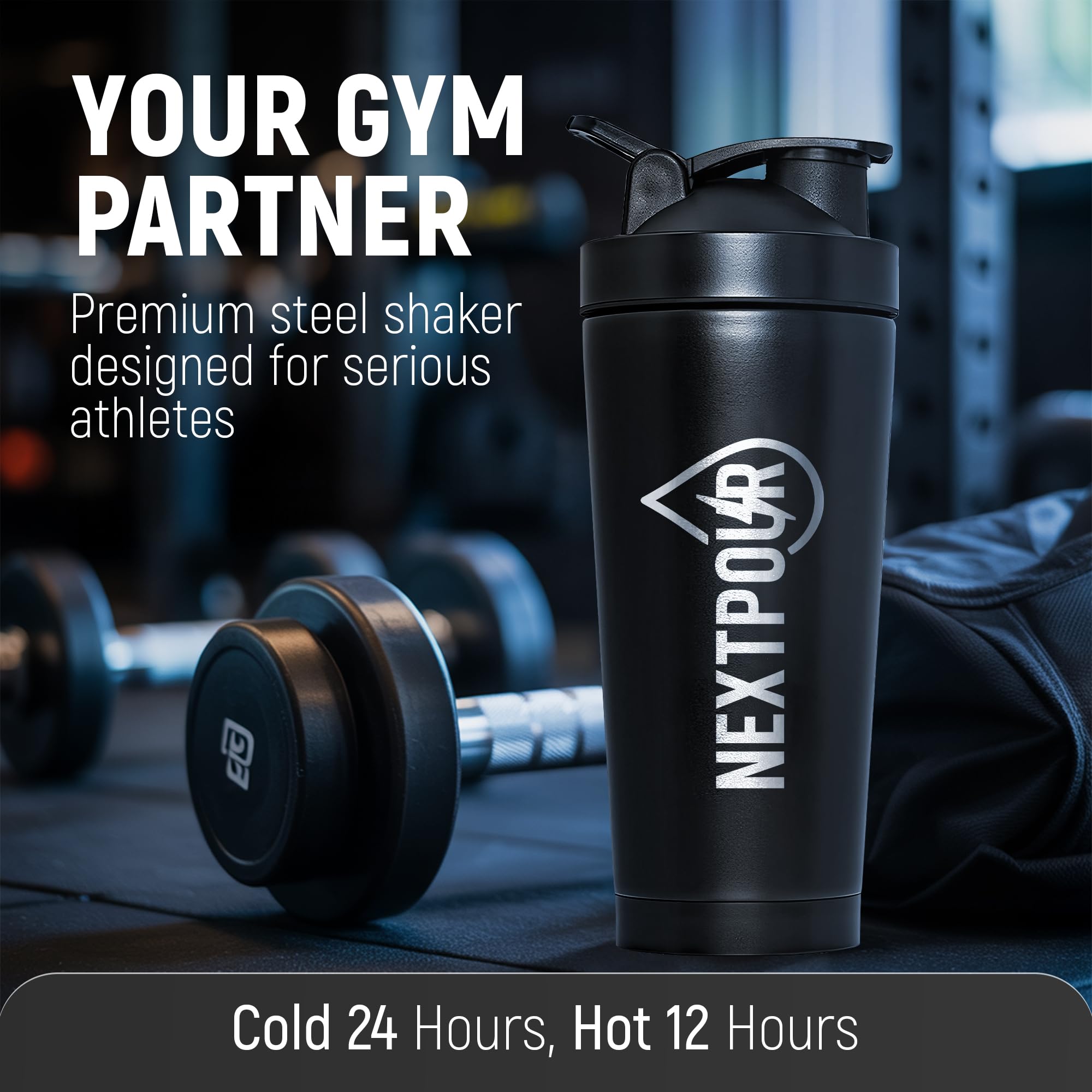 NextPour 25oz shaker bottle with durable finish built to endure gym use