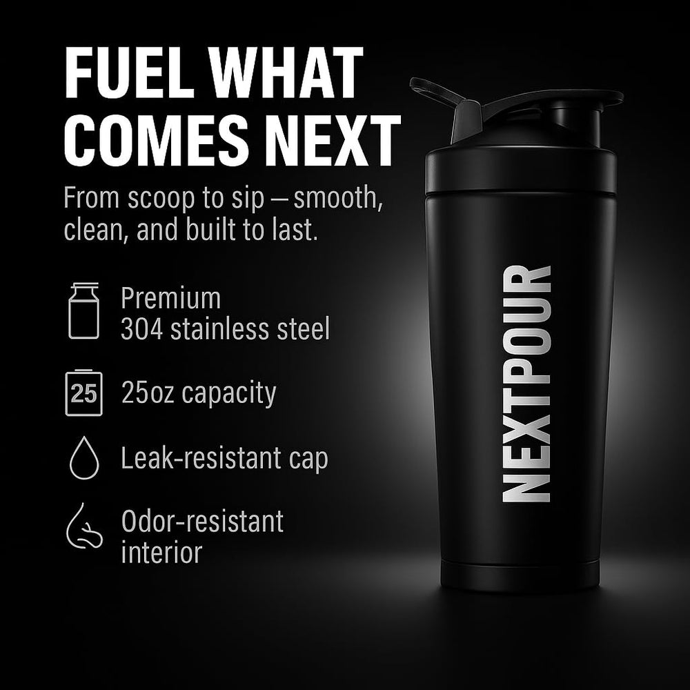 NextPour 25oz shaker bottle in a gym setting ready for protein shakes or coffee