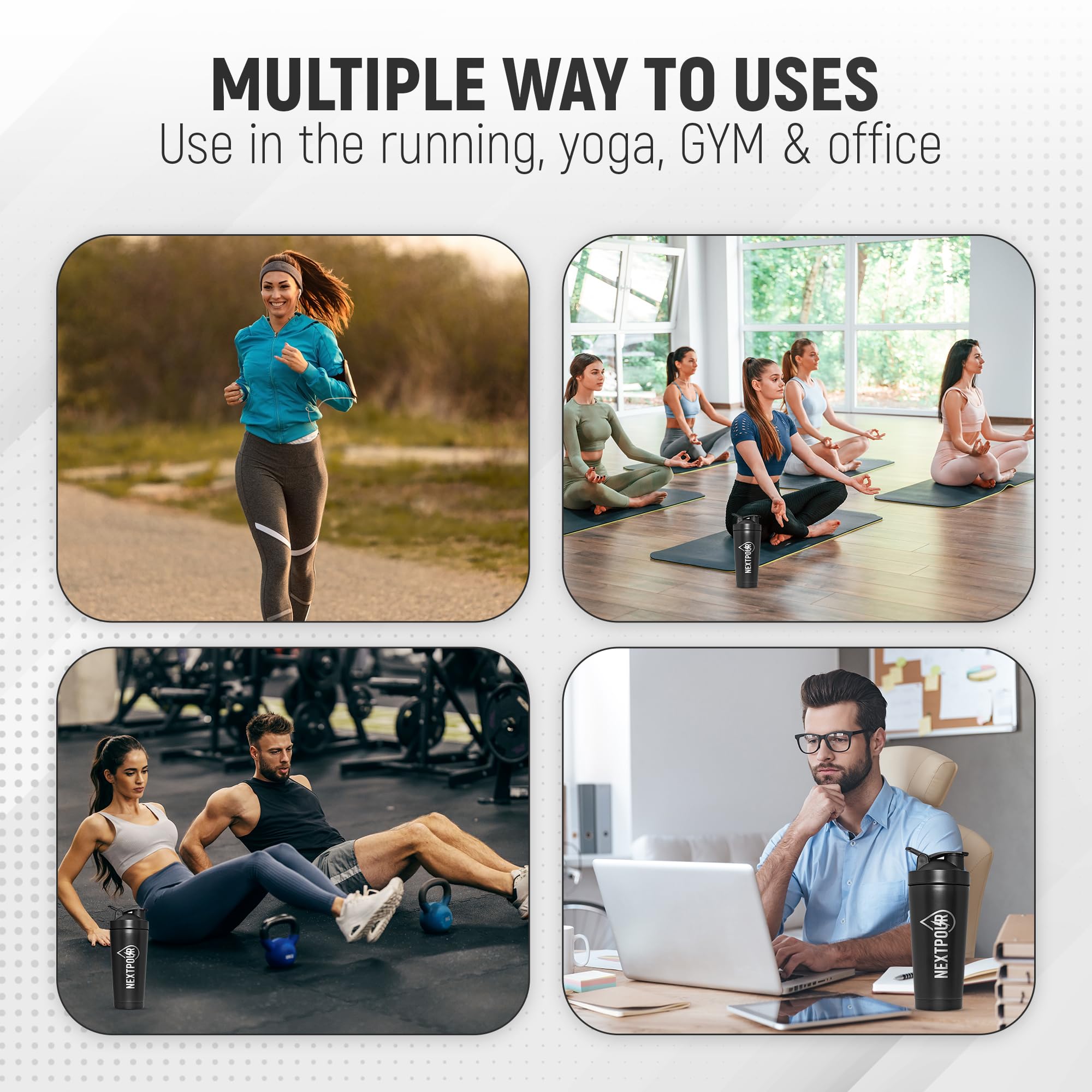 NextPour 25oz shaker bottle outdoors demonstrating versatile hydration for workouts