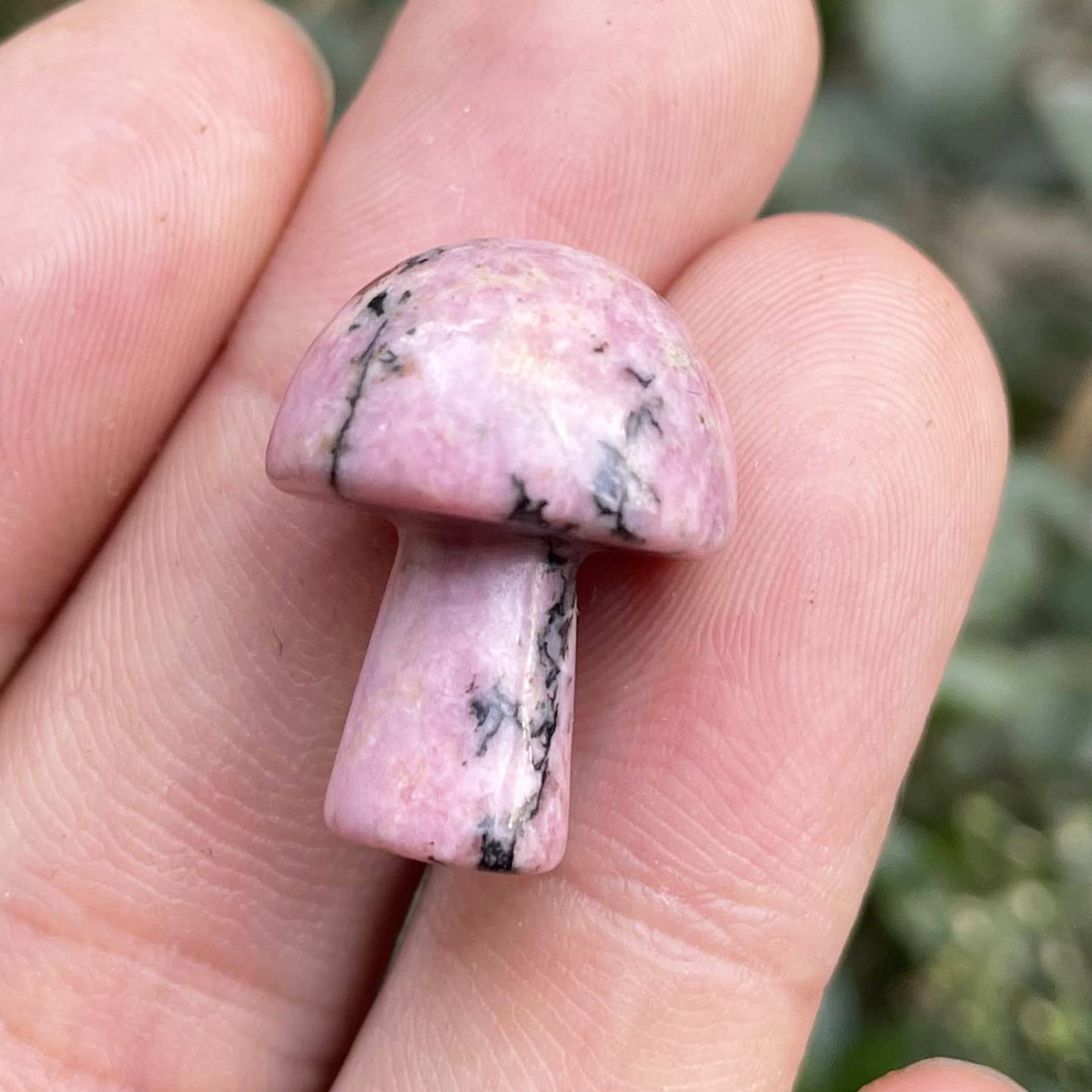 Neyisaa pocket-sized rhodonite mushroom statue for mindful moments.