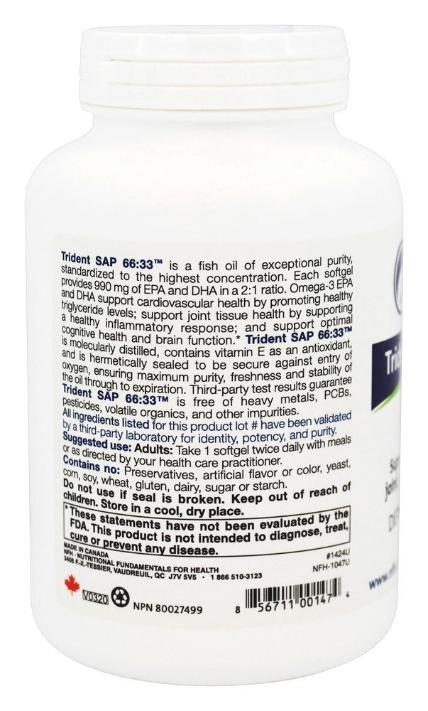 NFH Trident SAP66 nutrition panel highlights dosage per softgel