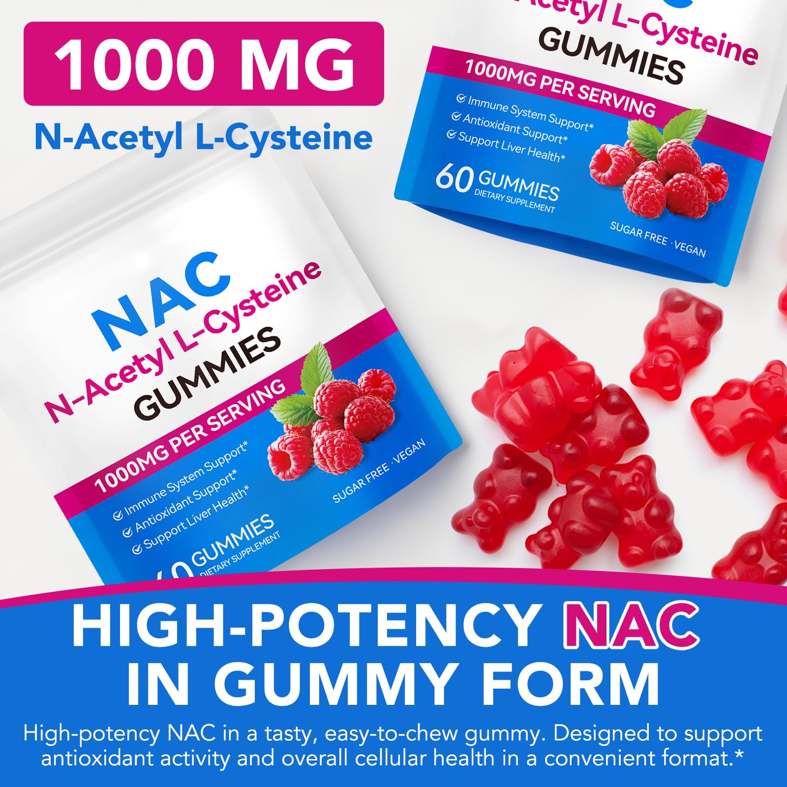 NFILVSYO NAC gummies bottle side explaining sugar-free vegan formula