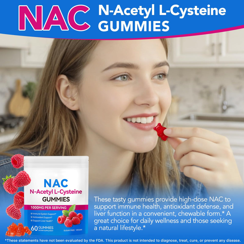 NFILVSYO NAC gummies in a transparent jar showing vegan gluten-free formula