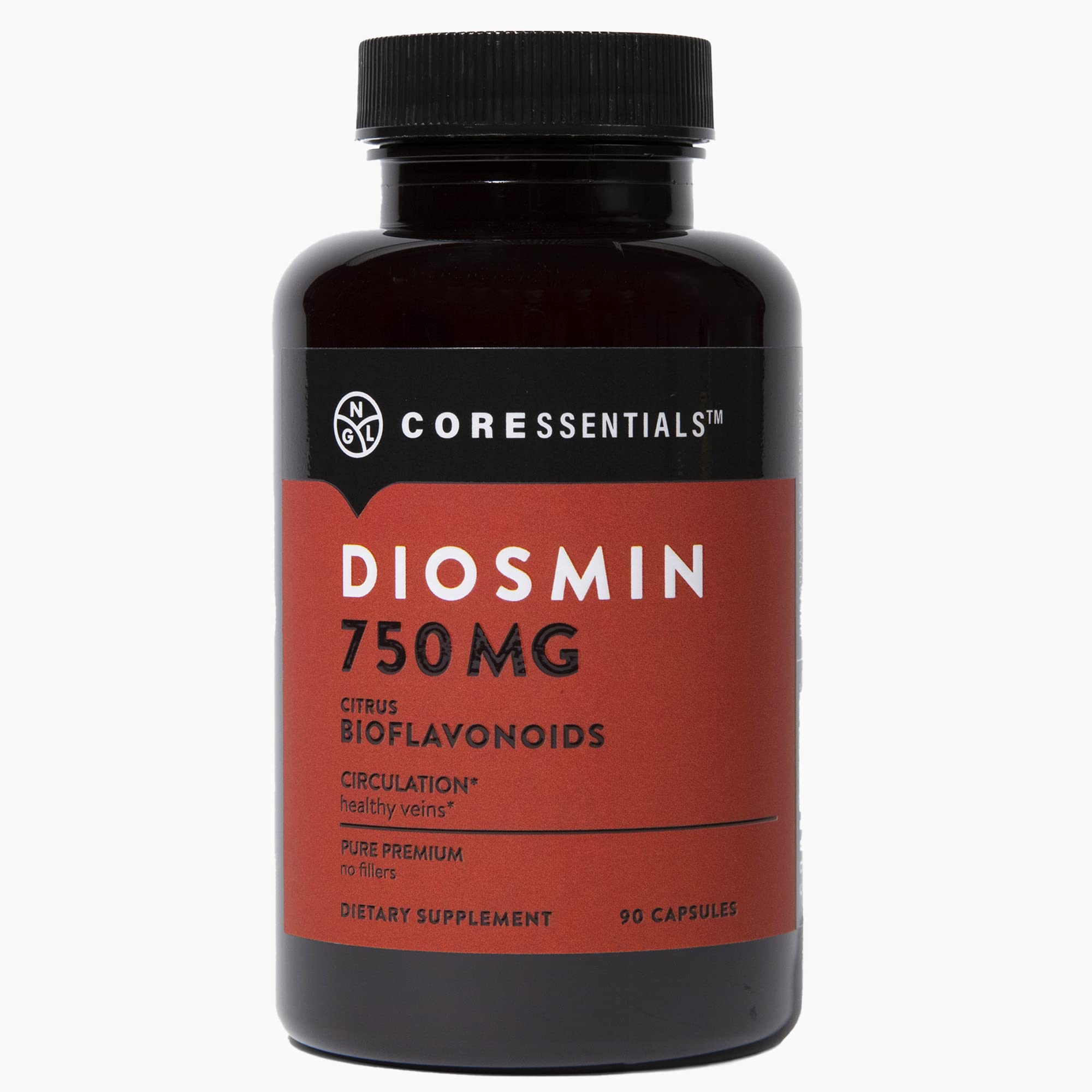 NGL Pure Diosmin 750 mg bottle ready for daily use, supporting leg circulation.