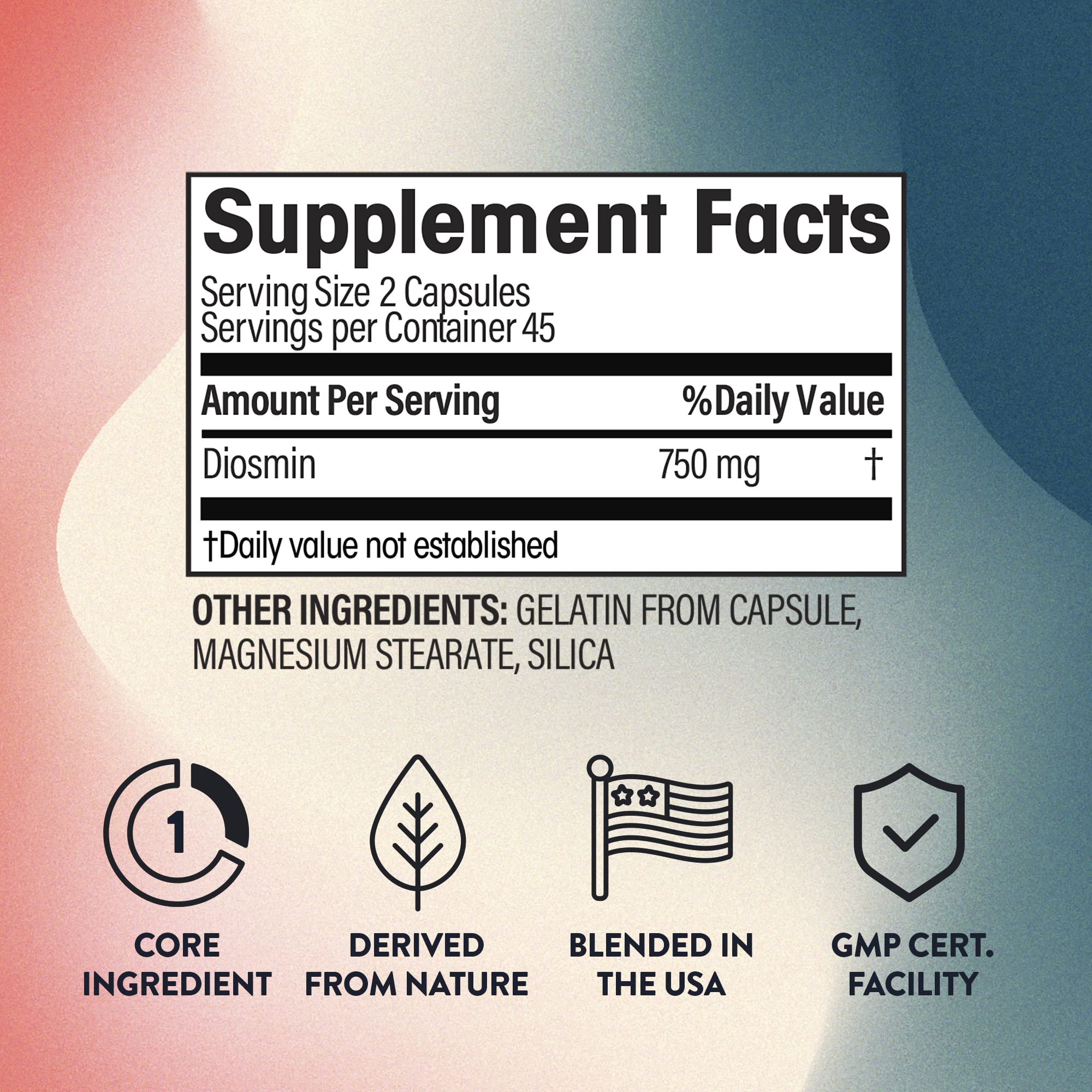 NGL Pure Diosmin 750 mg label highlights citrus bioflavonoids and purity.