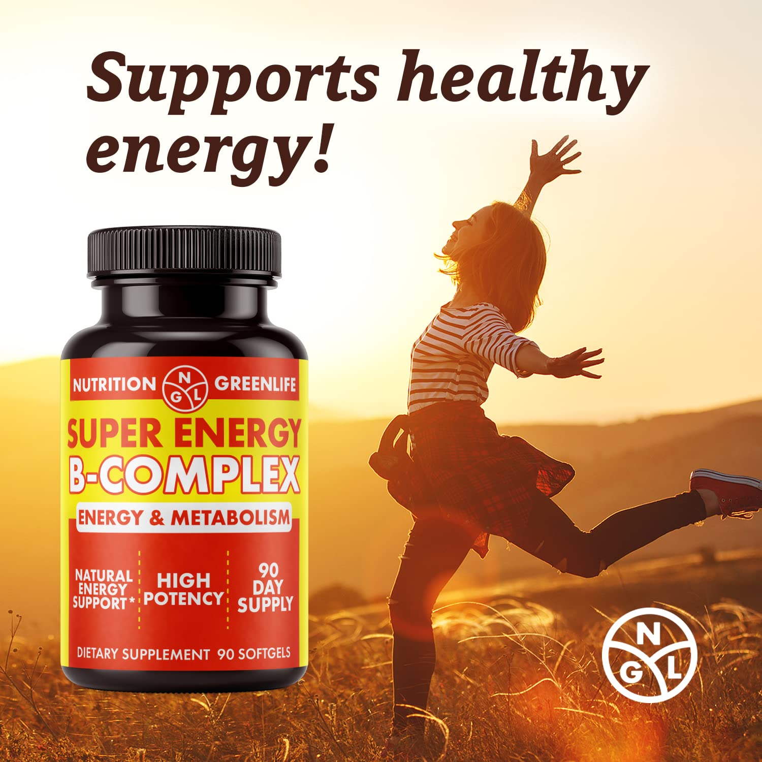 NGL Super Energy bottle label featuring B complex with folic acid and zinc.