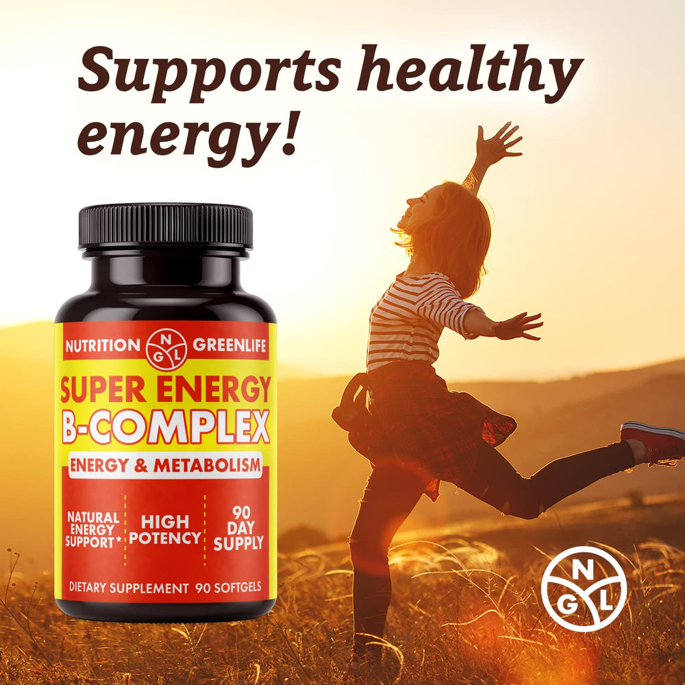 NGL Super Energy bottle label featuring B complex with folic acid and zinc.