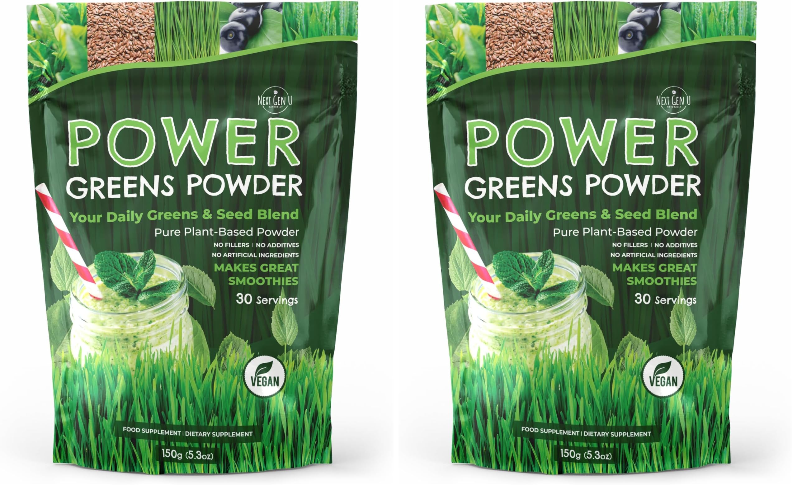 NGU Next Gen U Super Greens Powder bottle front showing daily smoothie boost