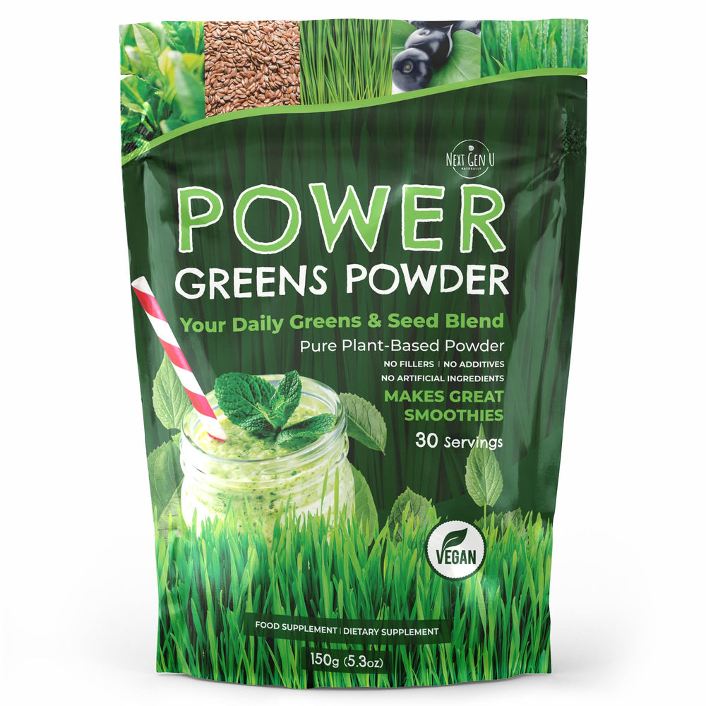 NGU Next Gen U Super Greens Powder bottle front offers a daily greens boost.
