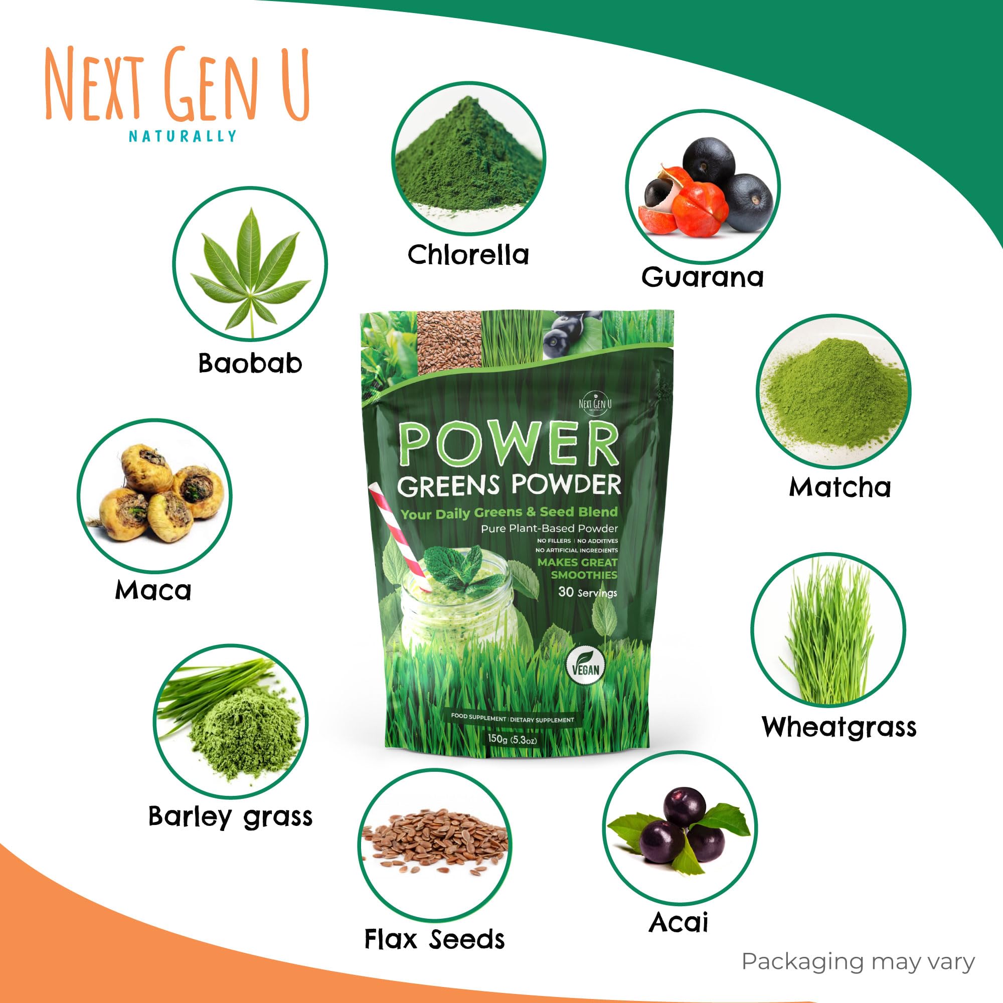NGU Next Gen U Super Greens Powder packaging displayed on store shelf.