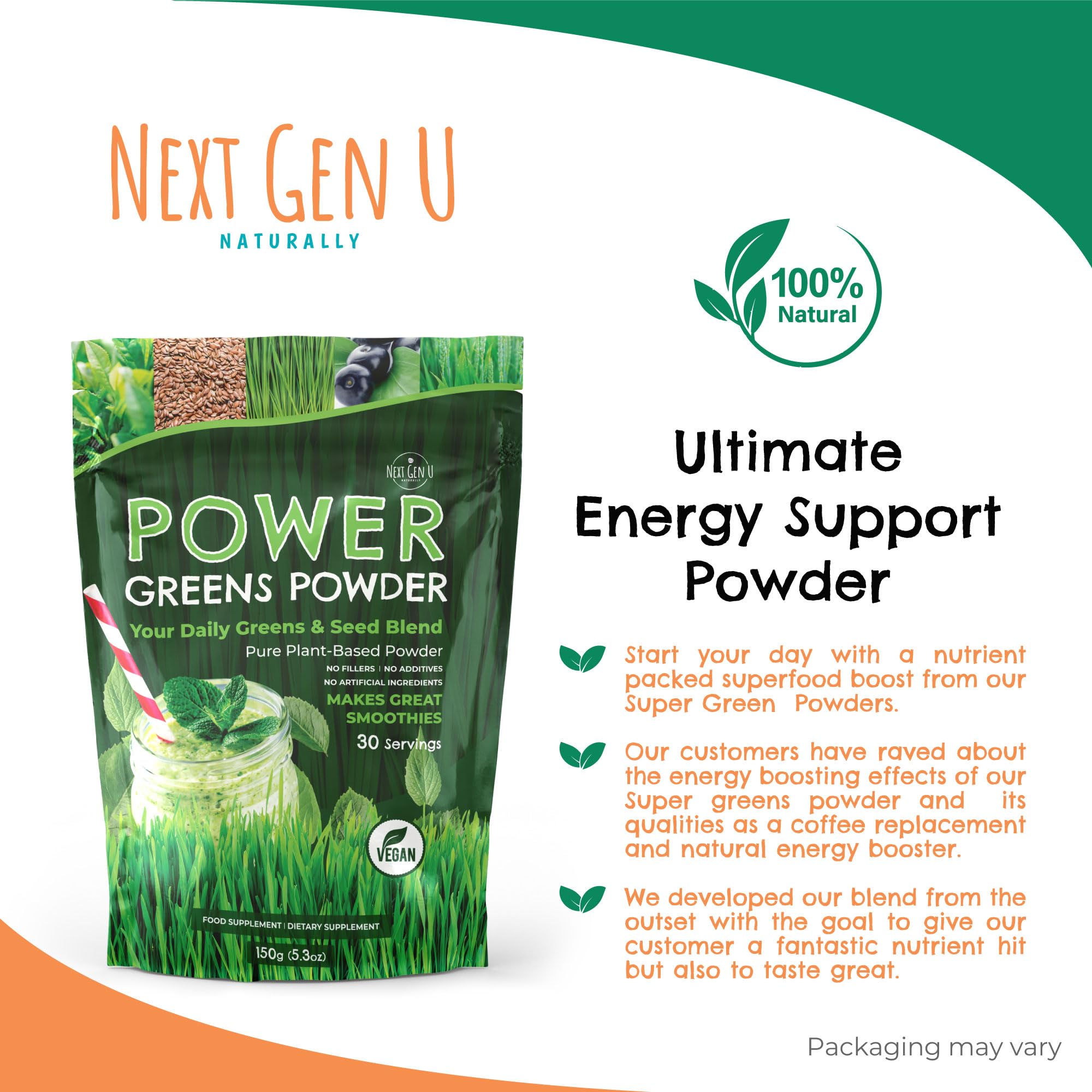 NGU Next Gen U Super Greens Powder poured into a shaker for a quick energy boost.