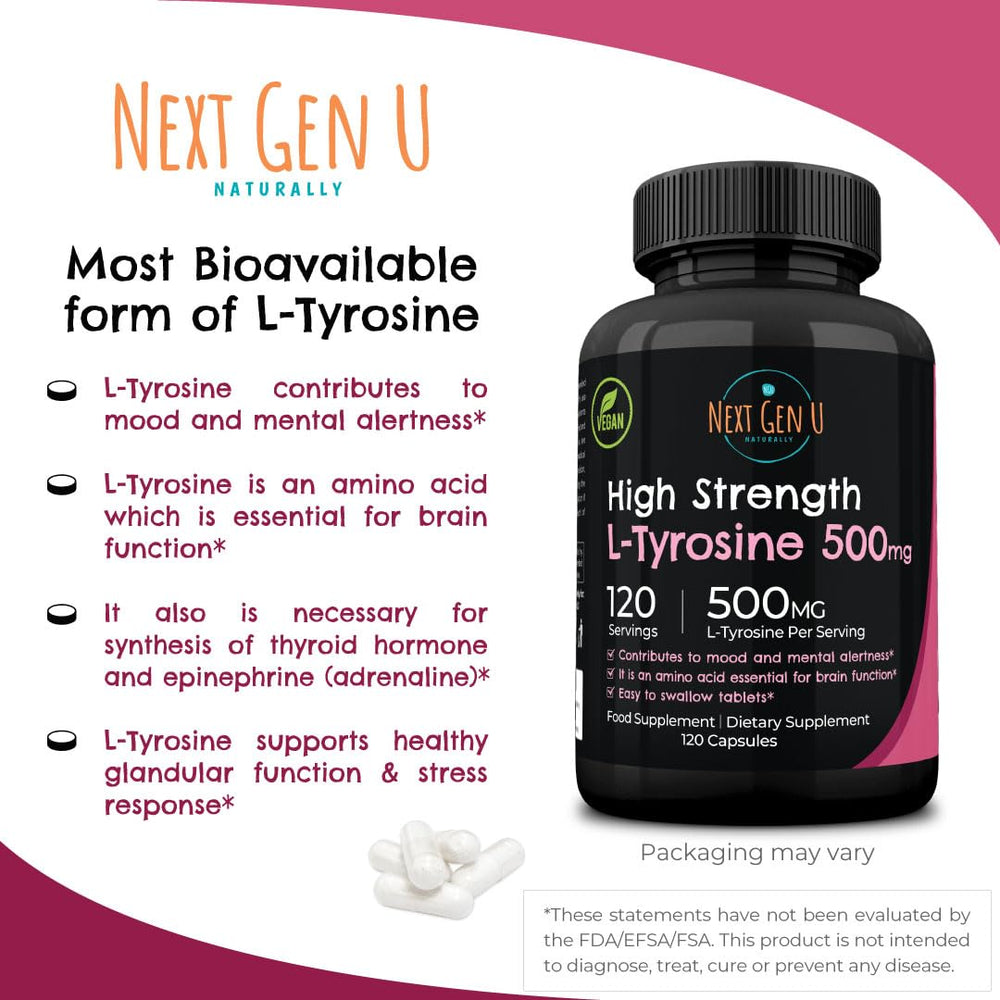 NGU Next Gen U L-Tyrosine bottle with dosage information close-up
