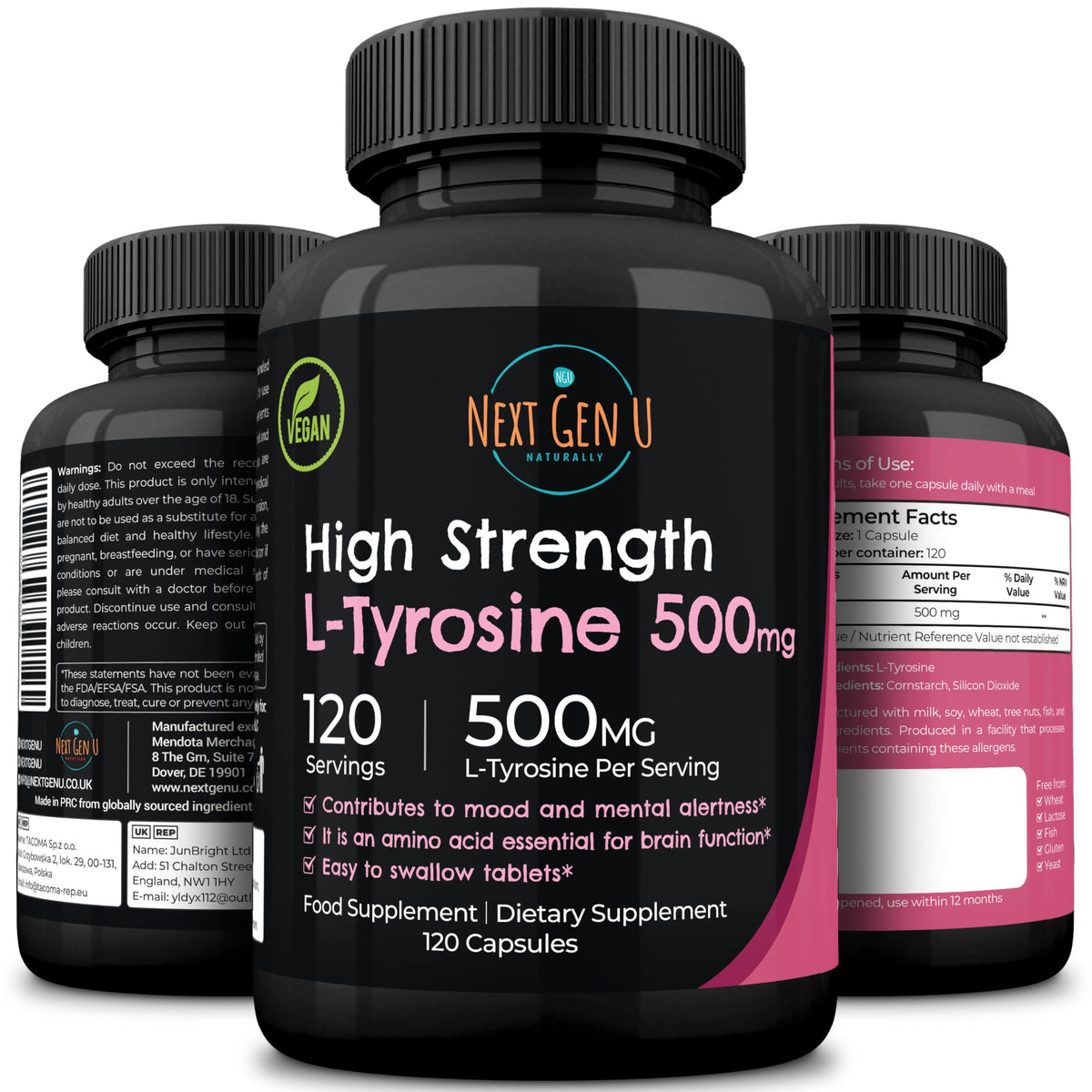 NGU Next Gen U L-Tyrosine bottle front view highlighting product clarity and quality