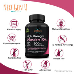 NGU Next Gen U L-Tyrosine capsules being poured for easy dosing