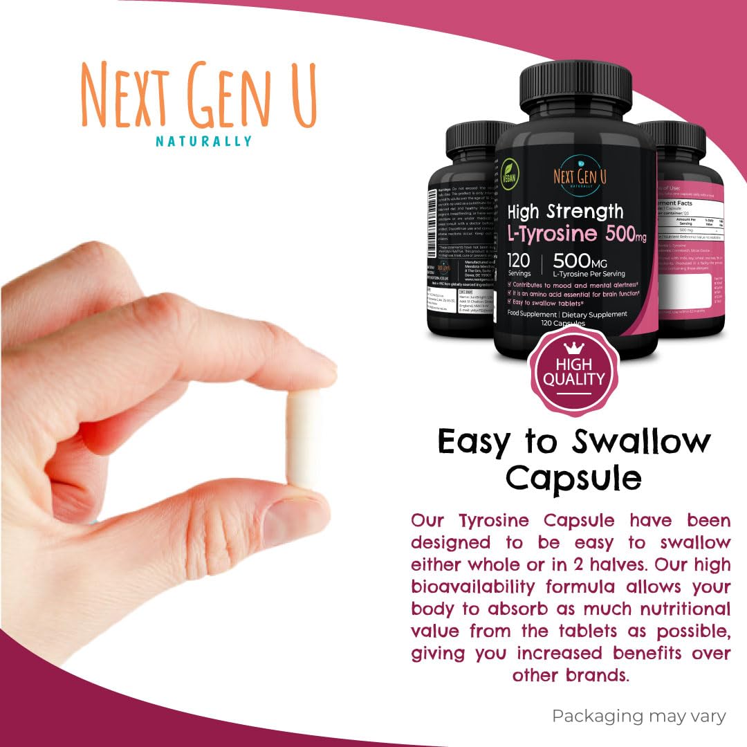 NGU Next Gen U L-Tyrosine supplement facts panel showing 120 capsules