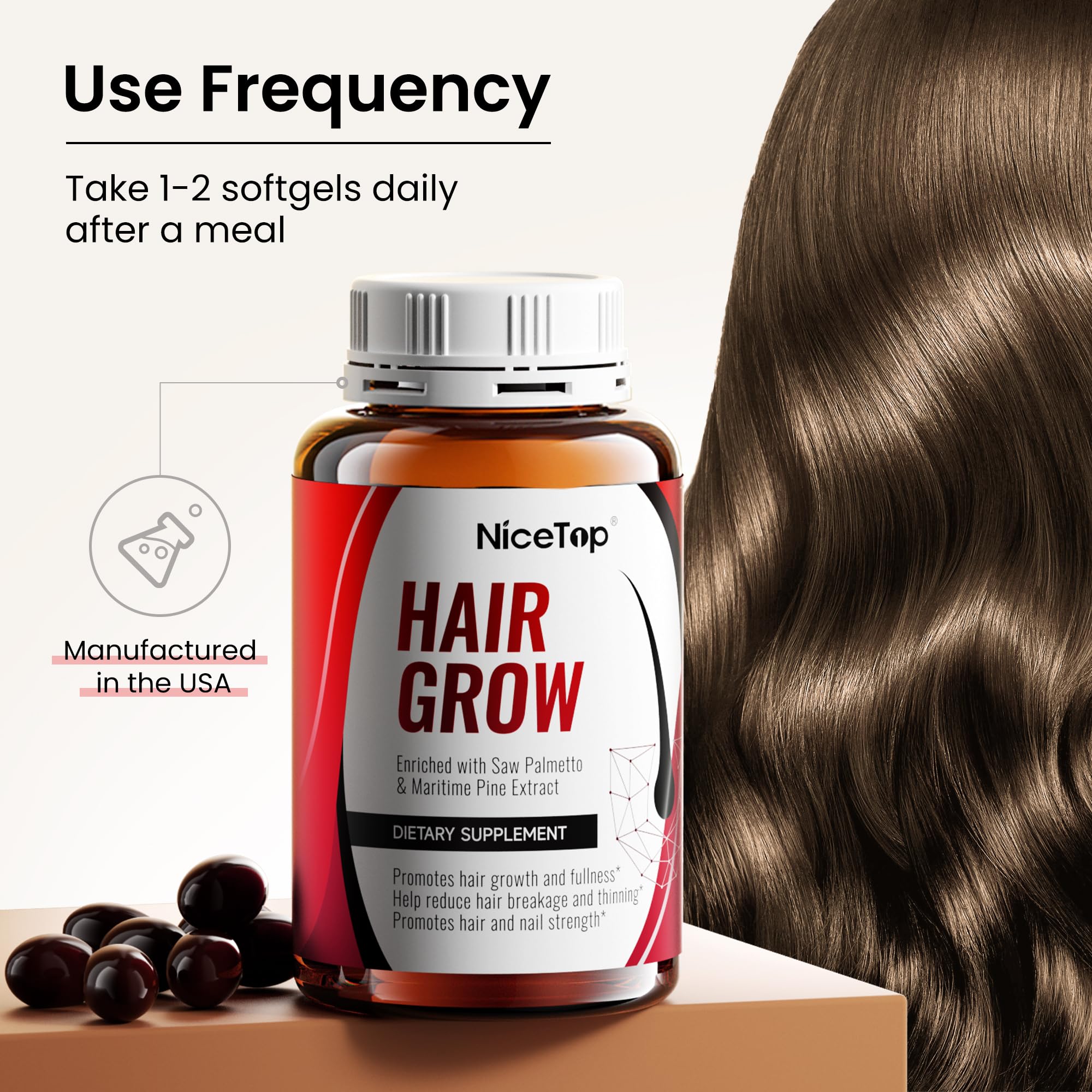 NiceTop Hair Growth softgels close-up, easy-to-swallow capsules